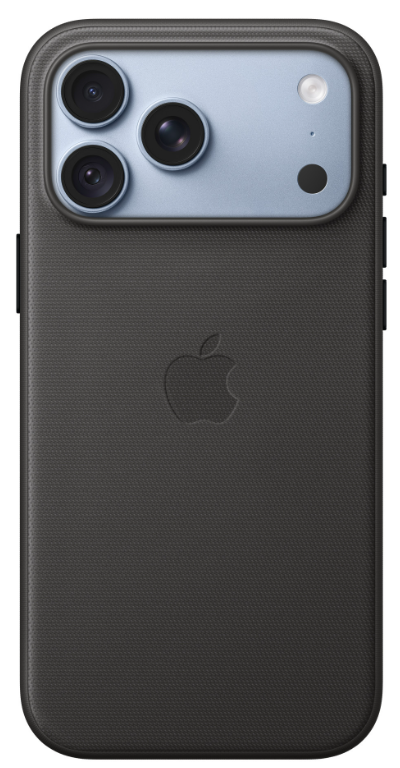 Tył szarego iPhone'a w etui, z trzema obiektywami i logo Apple.