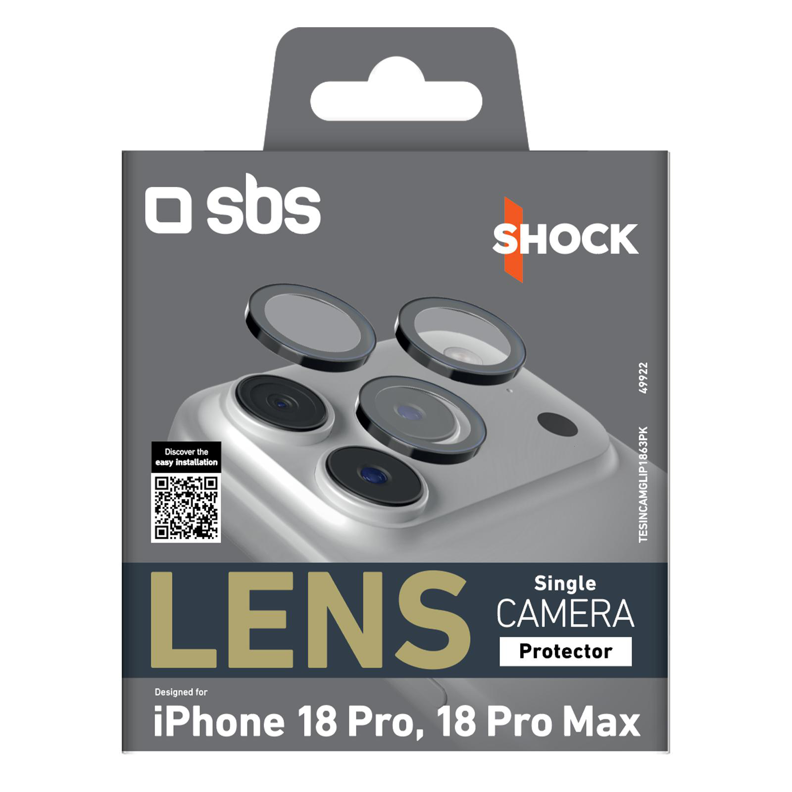 Graue SBS Schachtel für iPhone 18 Pro und Pro Max Linsenschutz mit Abbildung der Kamera.