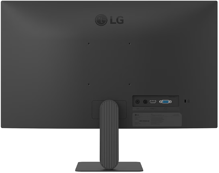 Egy fekete LG monitor hátulja állvánnyal és látható csatlakozókkal.