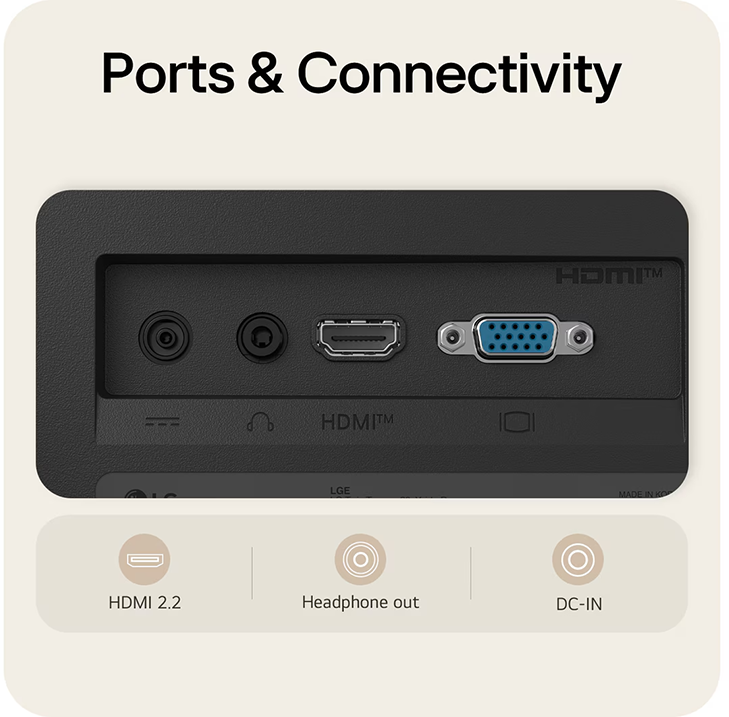 Egy elektronikus eszköz hátlapja DC-IN, fejhallgató, HDMI és VGA portokkal, alatta a megfelelő ikonokkal.