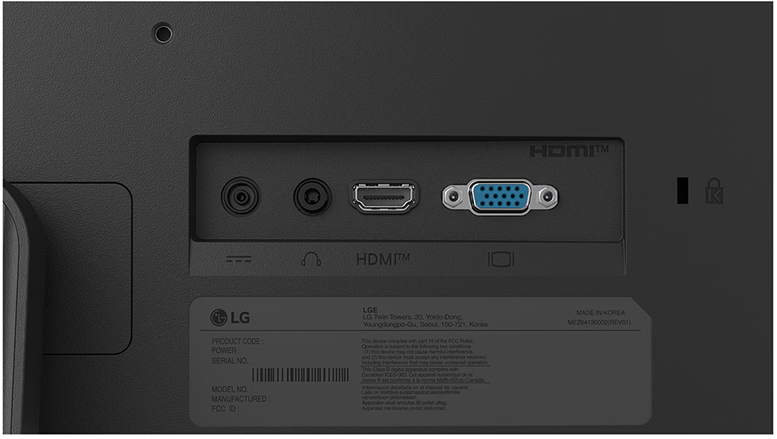 Egy LG monitor hátlapja hang-, HDMI- és VGA-portokkal a termékcímke felett.