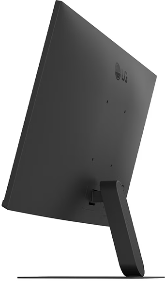 Egy fekete LG számítógép-monitor hátoldala állvánnyal, fehér háttér előtt.