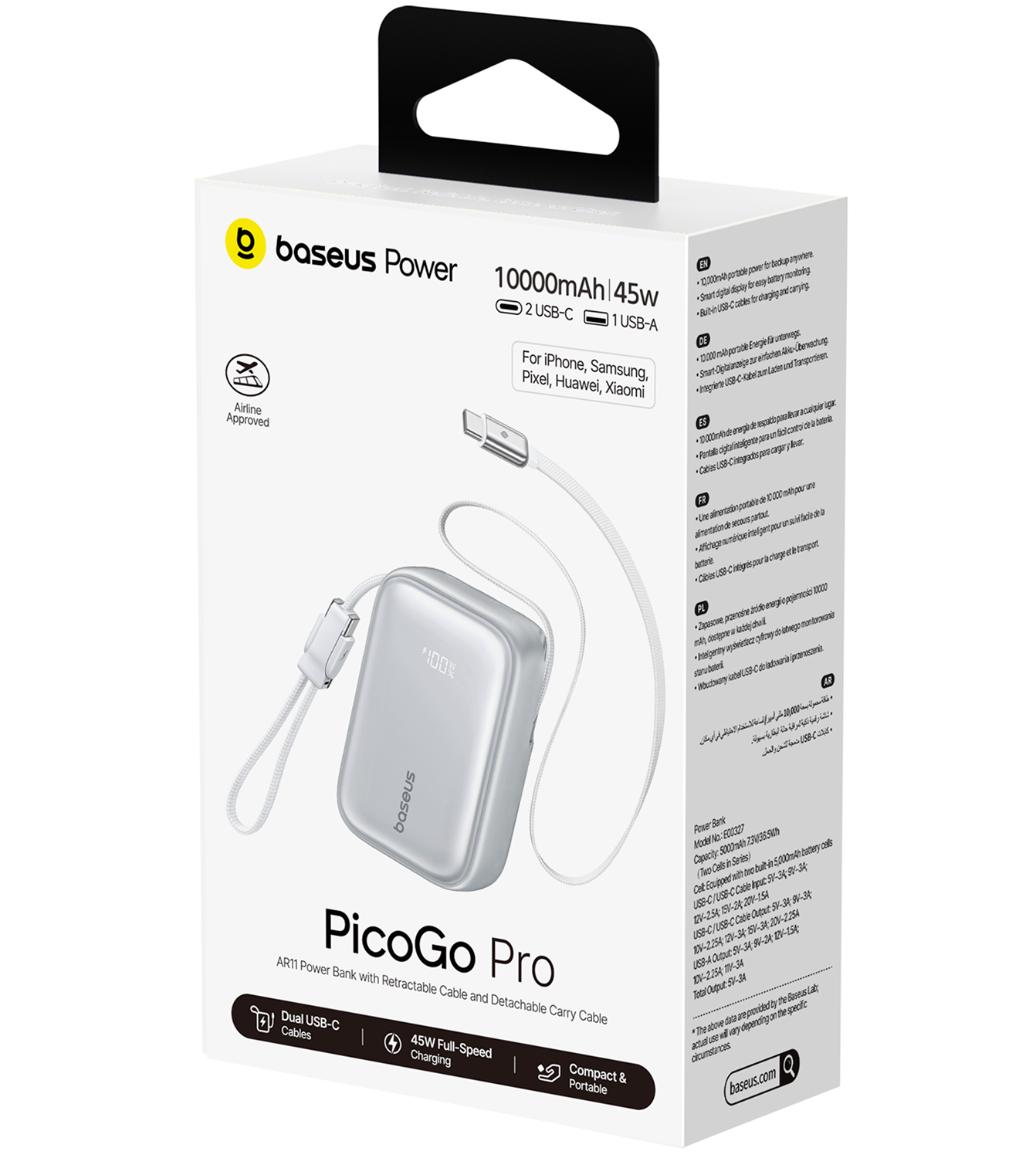 Caja de batería externa Baseus Power PicoGo Pro 10000mAh 45W con cable integrado y pantalla digital.