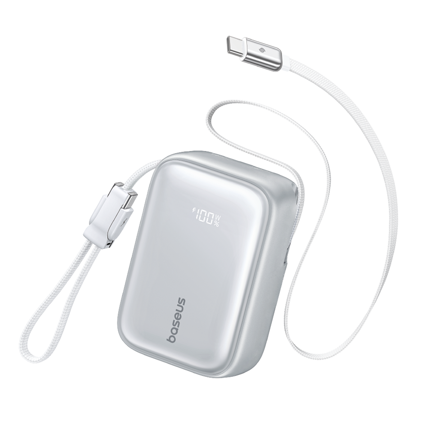 Banco de energía Baseus plateado con pantalla digital y cable de carga USB-C blanco integrado sobre fondo blanco.