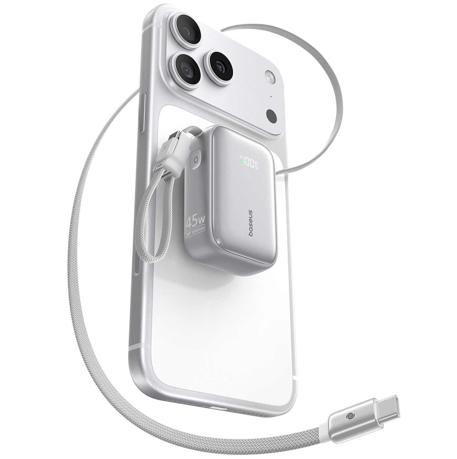 Una batería portátil plateada está adherida a la parte trasera de un smartphone blanco con cable integrado.