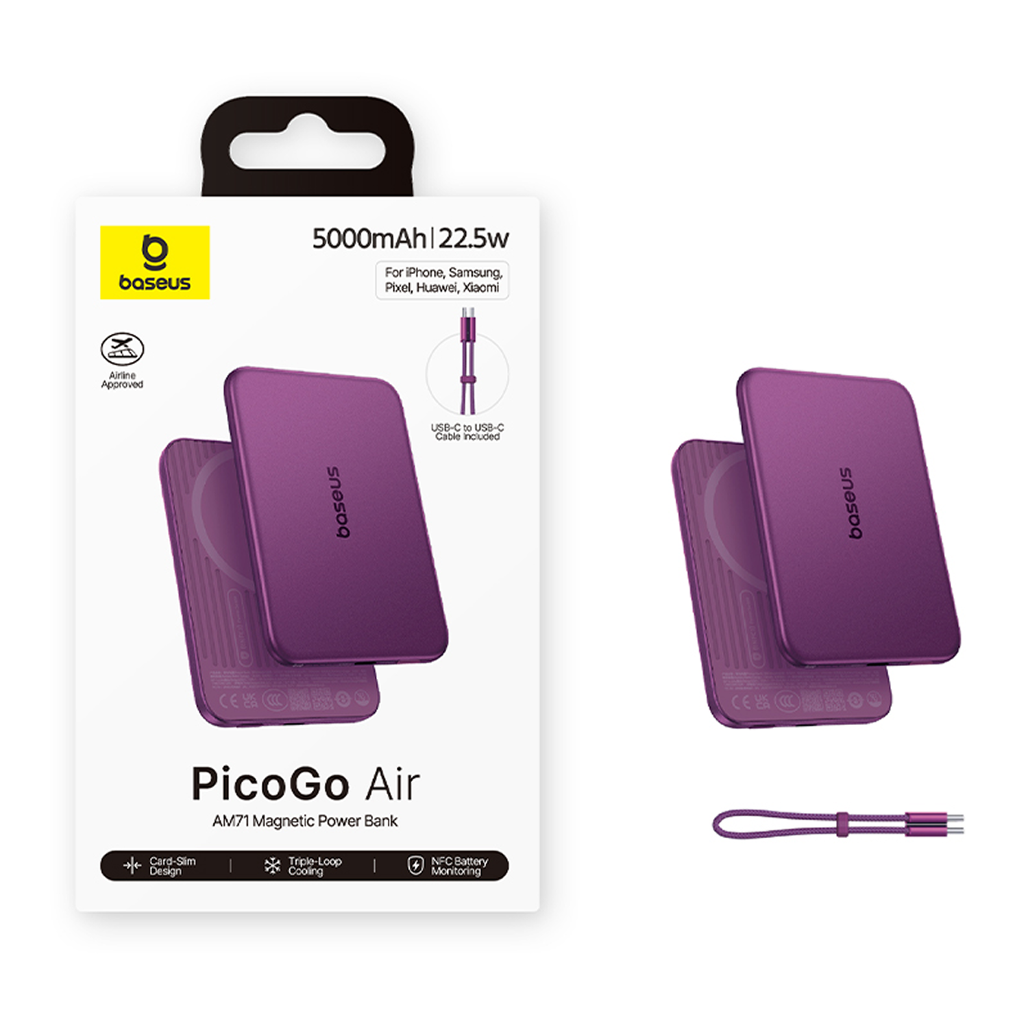 Batería externa púrpura Baseus PicoGo Air de 5000mAh en su empaque y sola con cable.