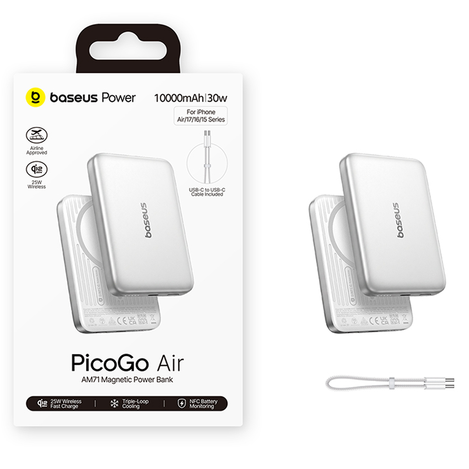 Batería externa magnética Baseus PicoGo Air 10000mAh en caja blanca con cable USB-C.