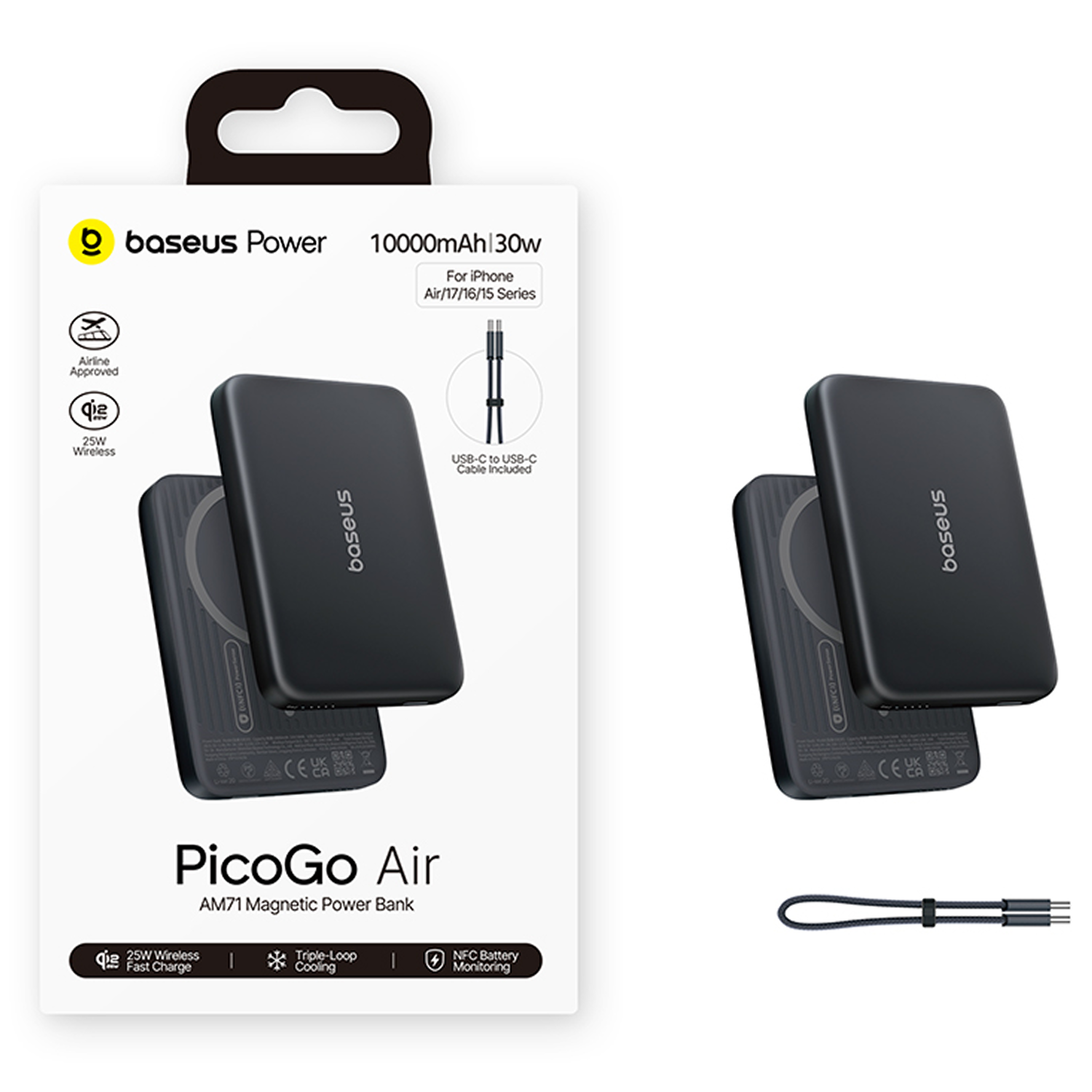 Batería externa magnética Baseus PicoGo Air 10000mAh en caja con cable USB-C.