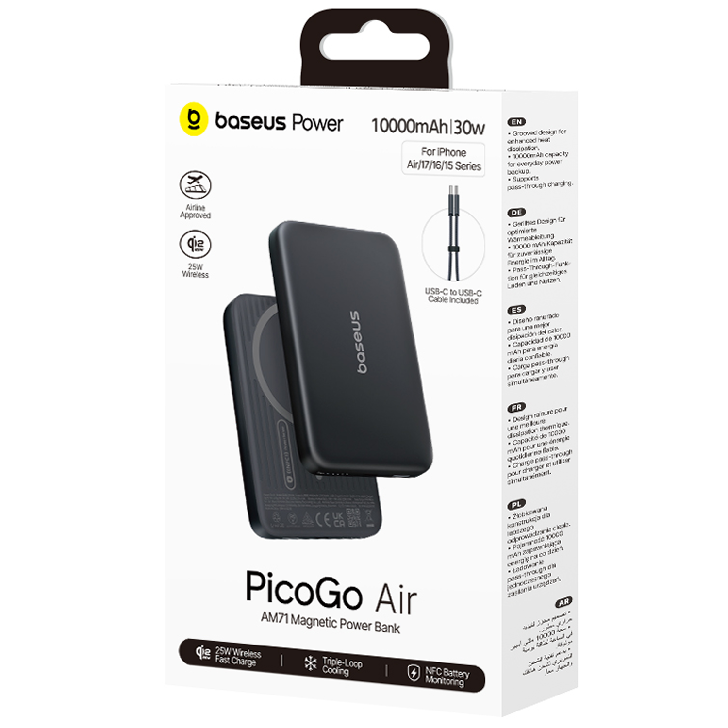 Banco de energía magnético Baseus PicoGo Air 10000mAh 30W en empaque negro con especificaciones.