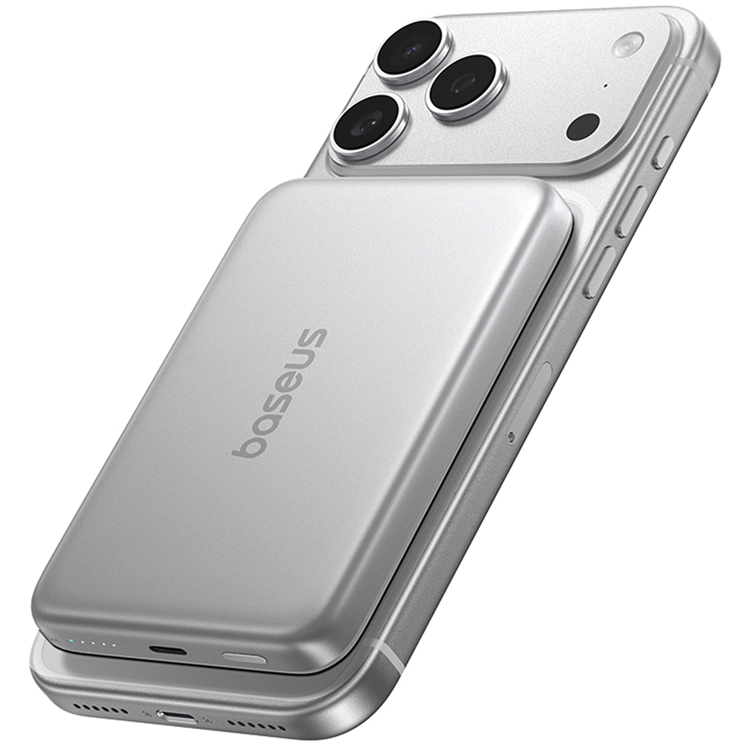 Smartphone plateado con una batería externa Baseus acoplada en la parte trasera.