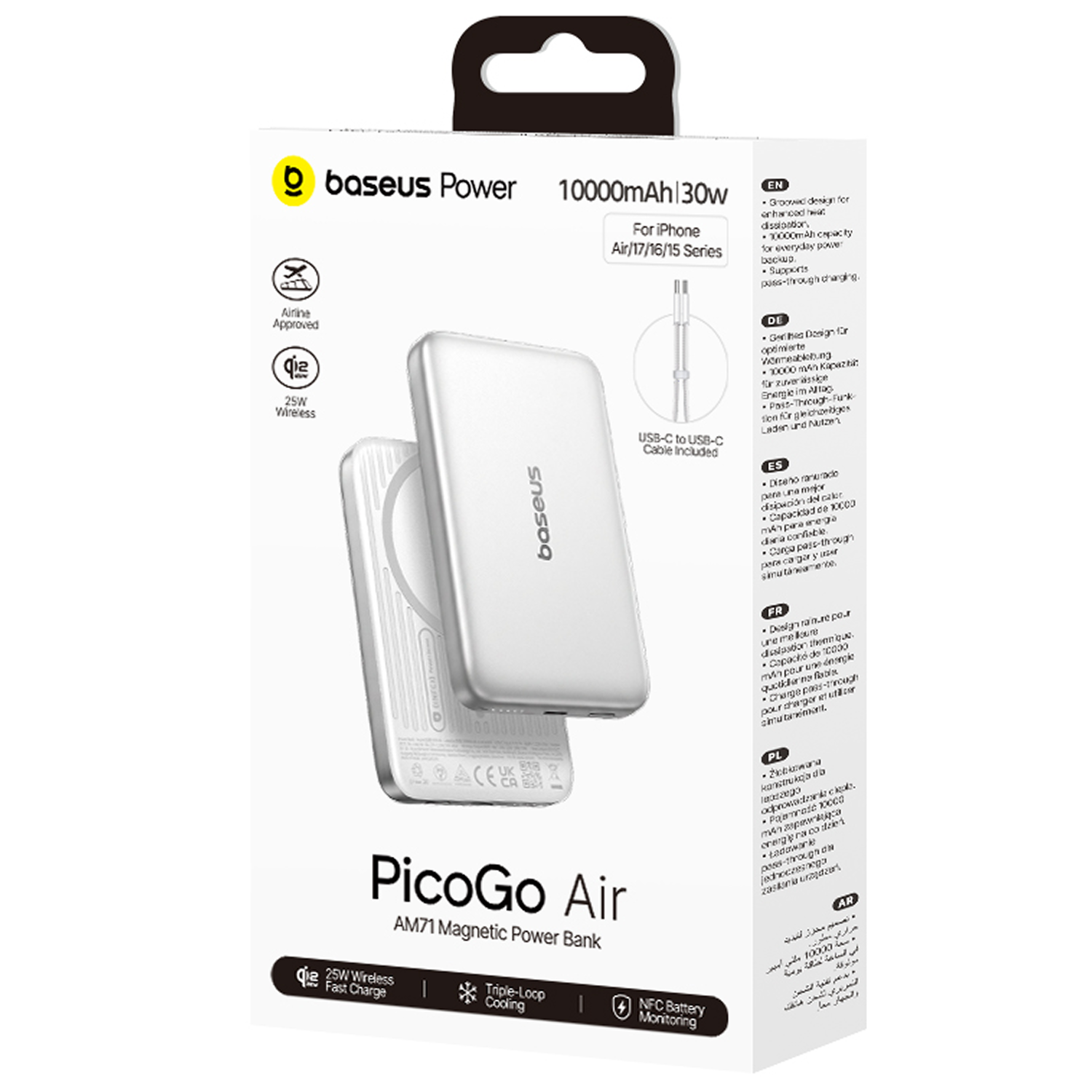 Caja de batería magnética Baseus PicoGo Air con imagen de batería plateada, capacidad de 10000mAh y texto de 30W.