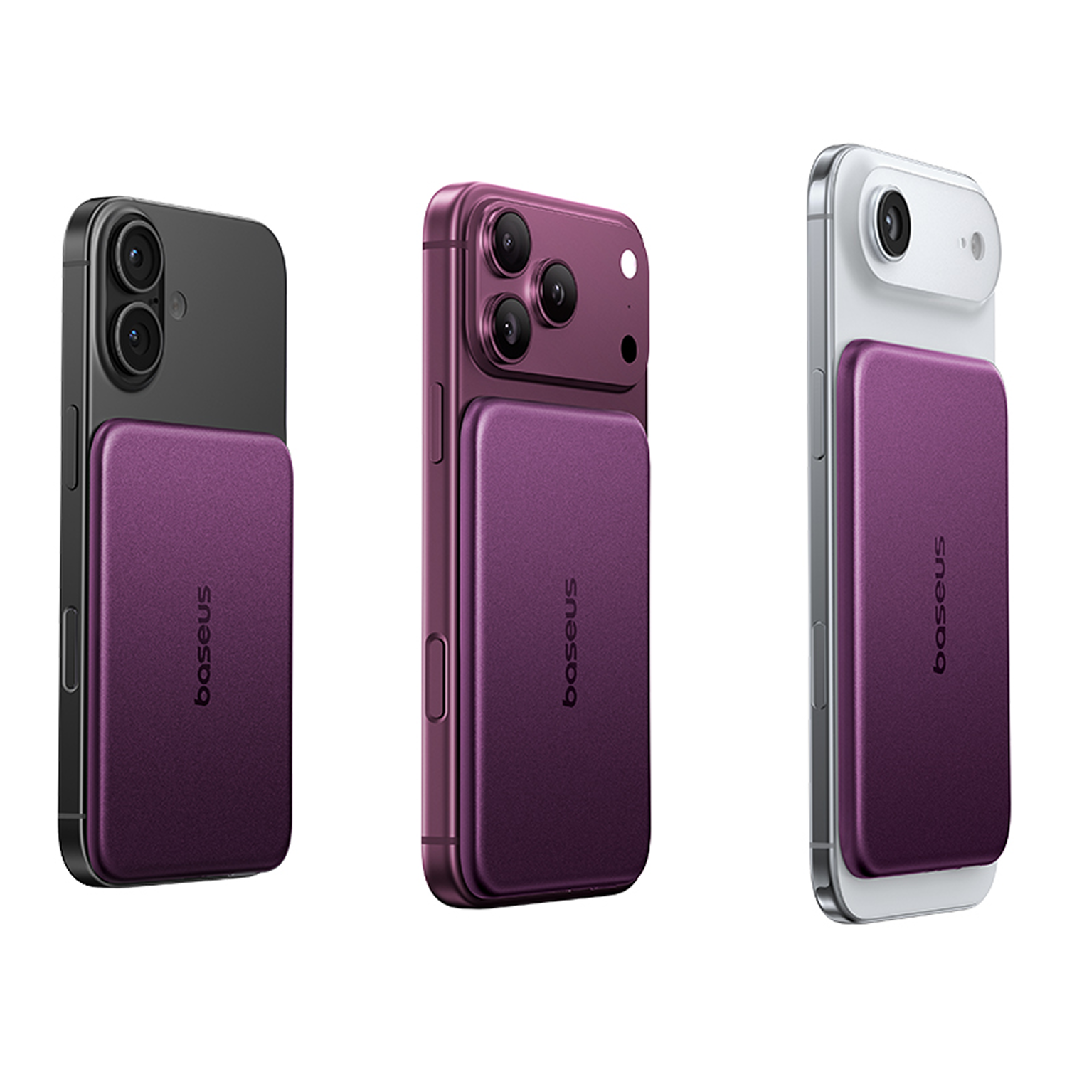 Tres smartphones en negro, morado y plateado, cada uno con una batería magnética Baseus morada.