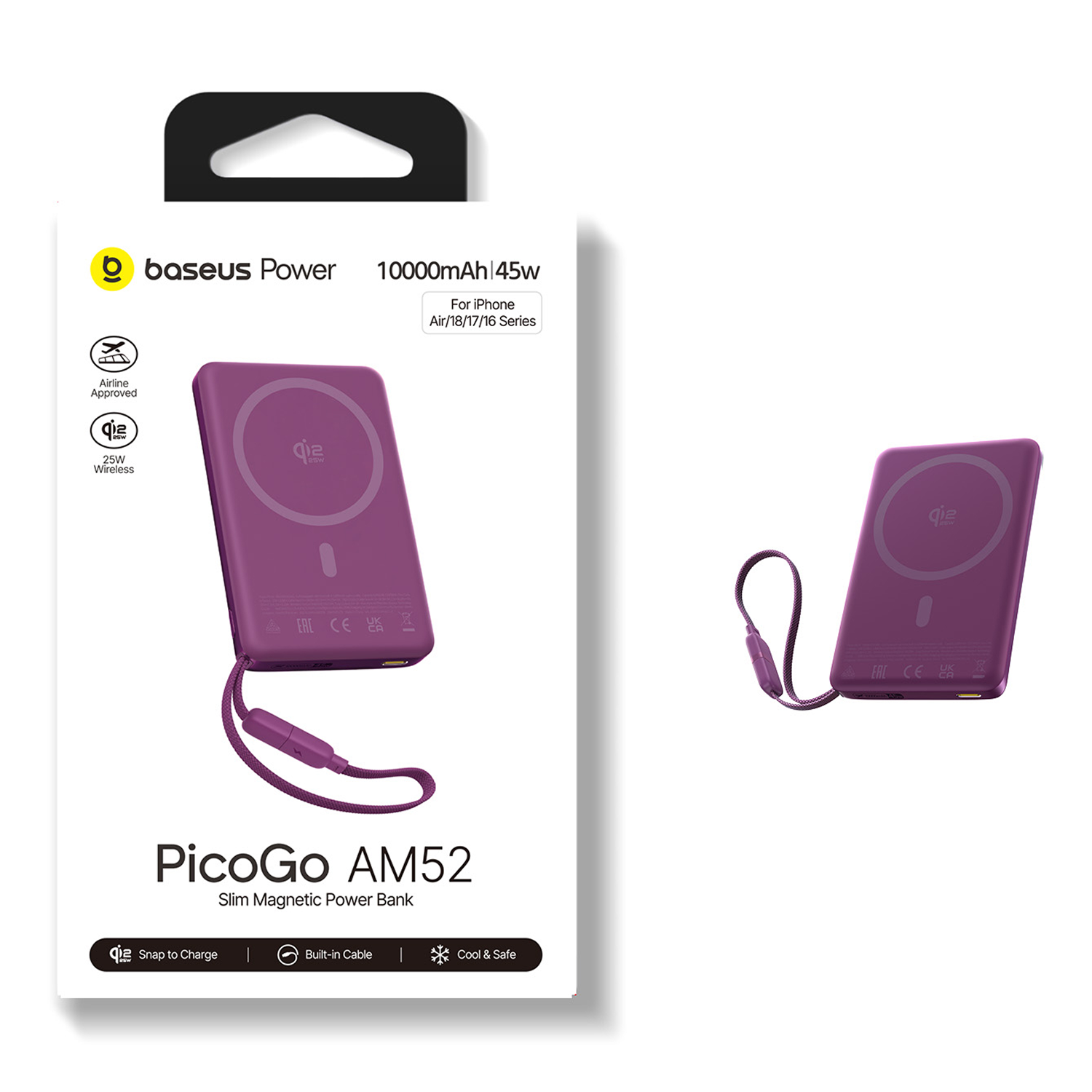 Banco de energía MagSafe Baseus PicoGo AM52 morado con cable integrado, en caja y solo.