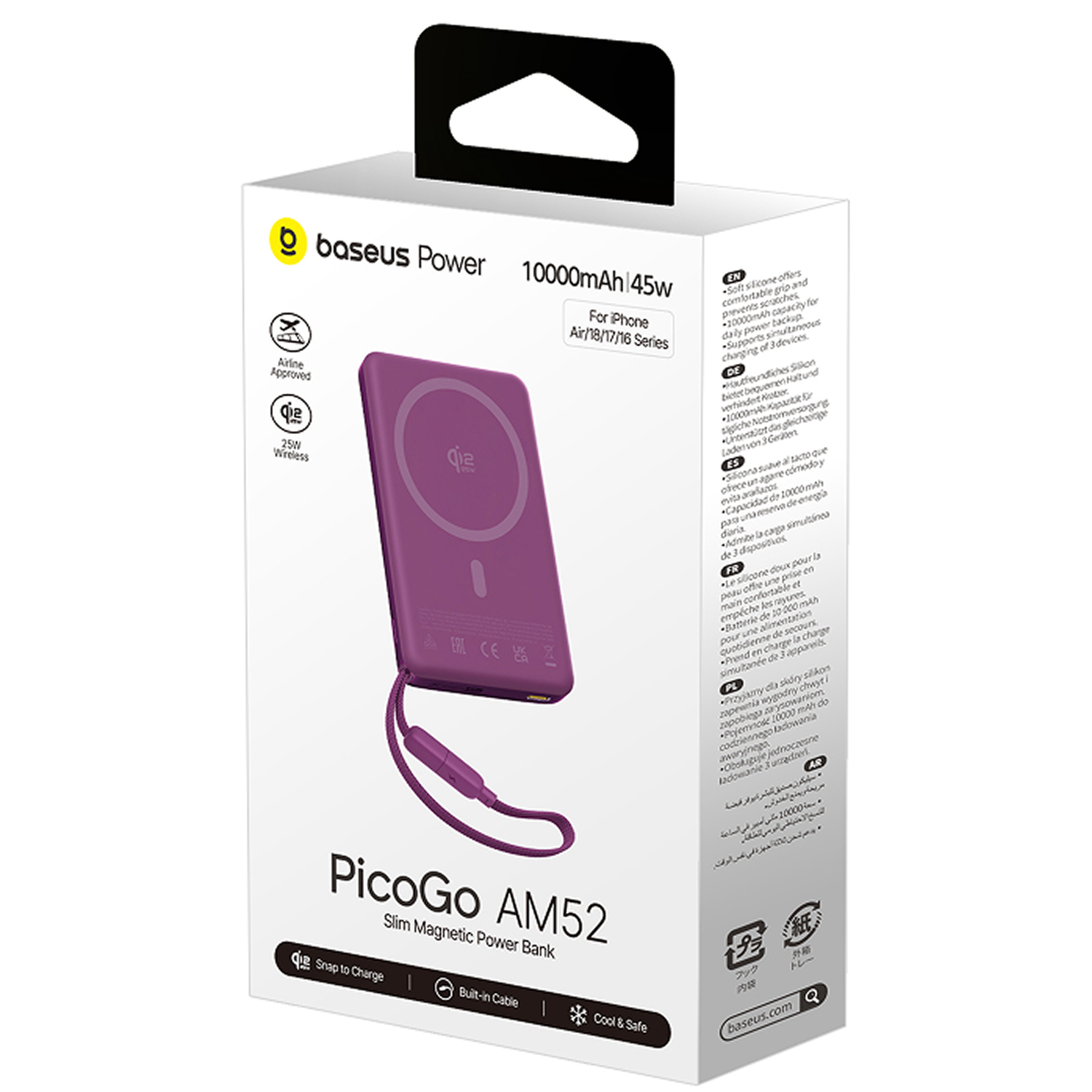 Caja blanca de batería externa Baseus Power PicoGo AM52 que muestra una batería magnética morada con correa.