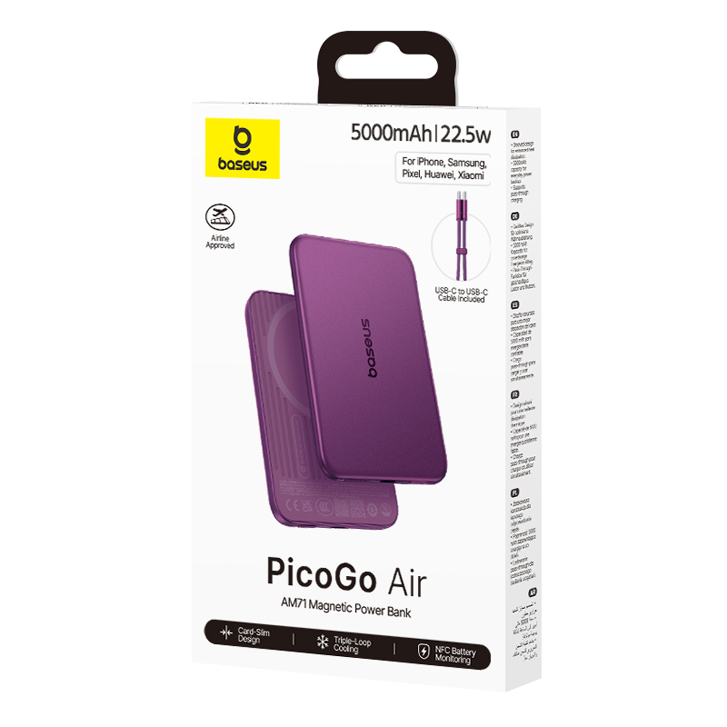 Embalaje de batería magnética Baseus PicoGo Air morada con detalles del producto sobre fondo blanco.