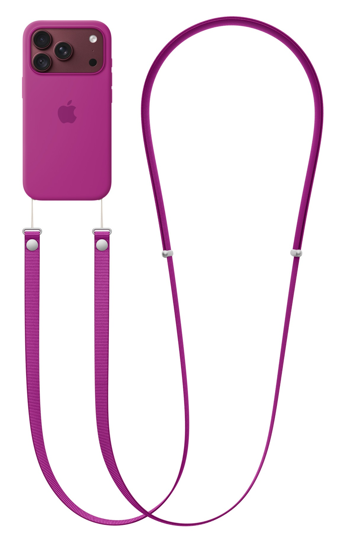 Różowy iPhone w pasującym etui z długim, regulowanym paskiem na gładkim białym tle.