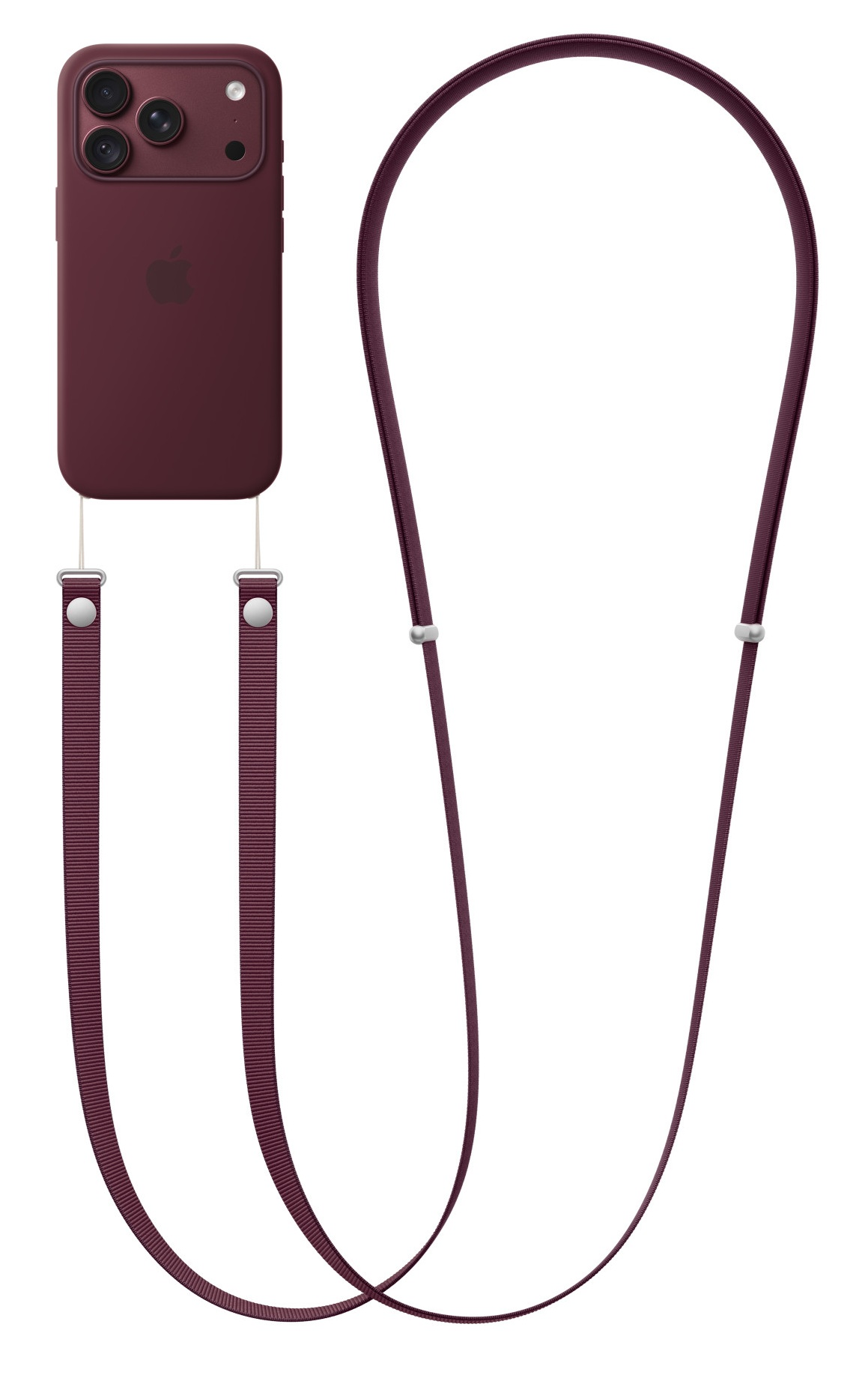 Ciemnoczerwony smartfon w etui z pasującym długim paskiem i metalowymi elementami.