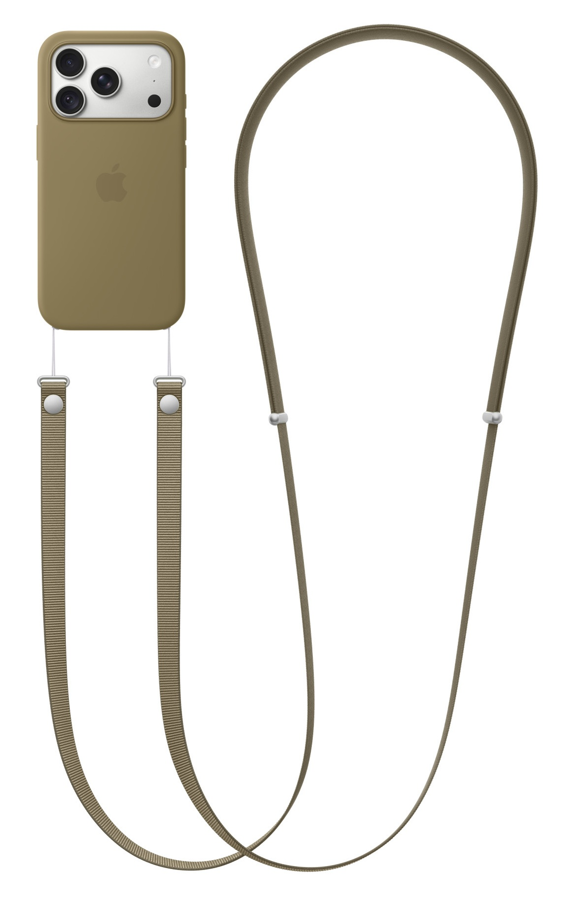 Oliwkowo-zielone etui na iPhone'a z pasującym paskiem i srebrnymi dodatkami na białym tle.