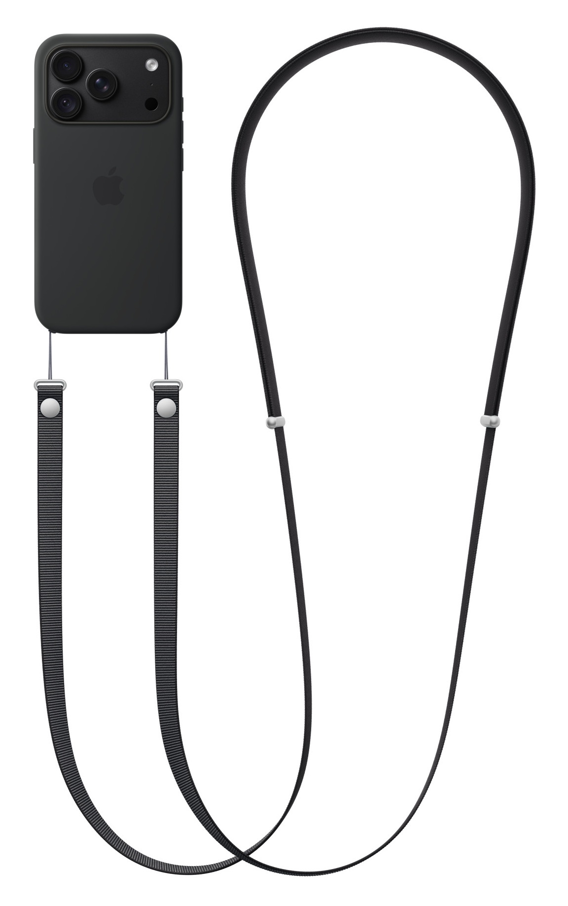 Czarne etui na iPhone'a przymocowane do długiej czarnej smyczy ze srebrnymi elementami.