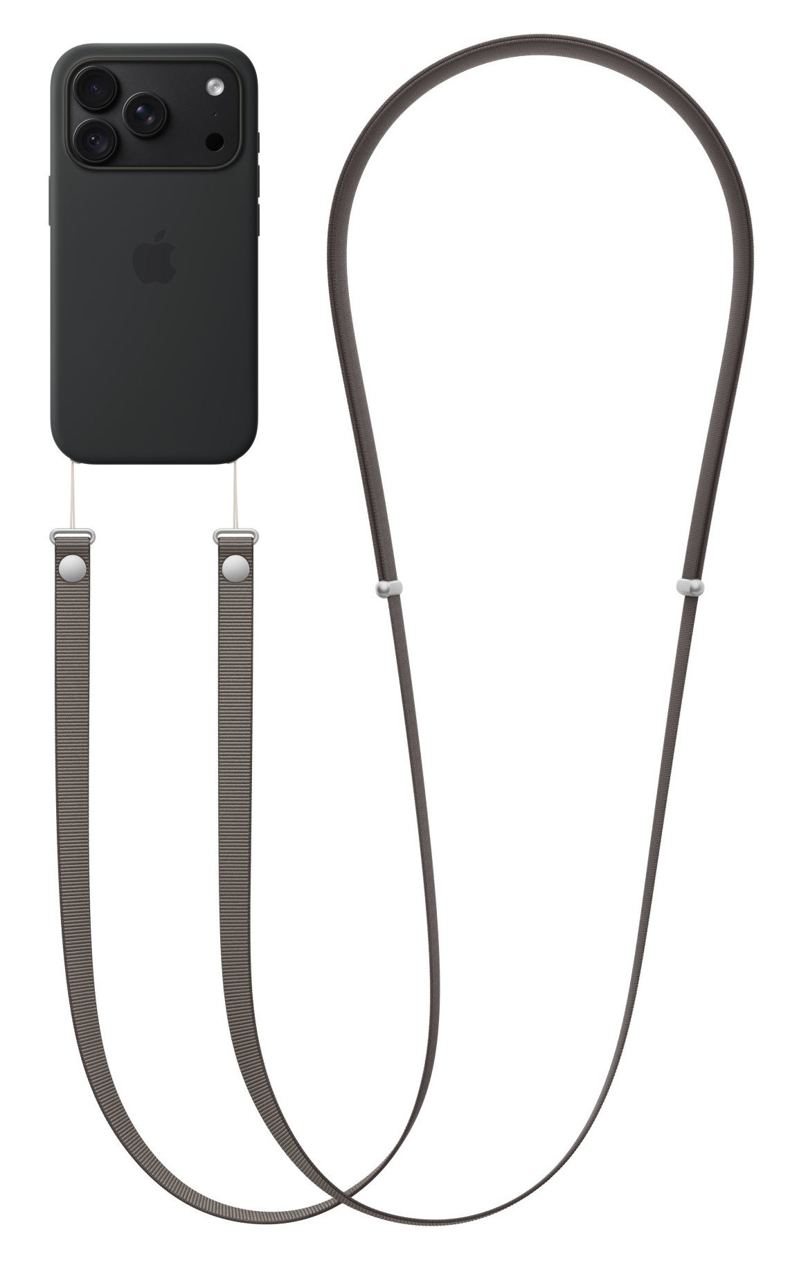 Czarny iPhone w etui ochronnym z długim szarym paskiem na tle białym.