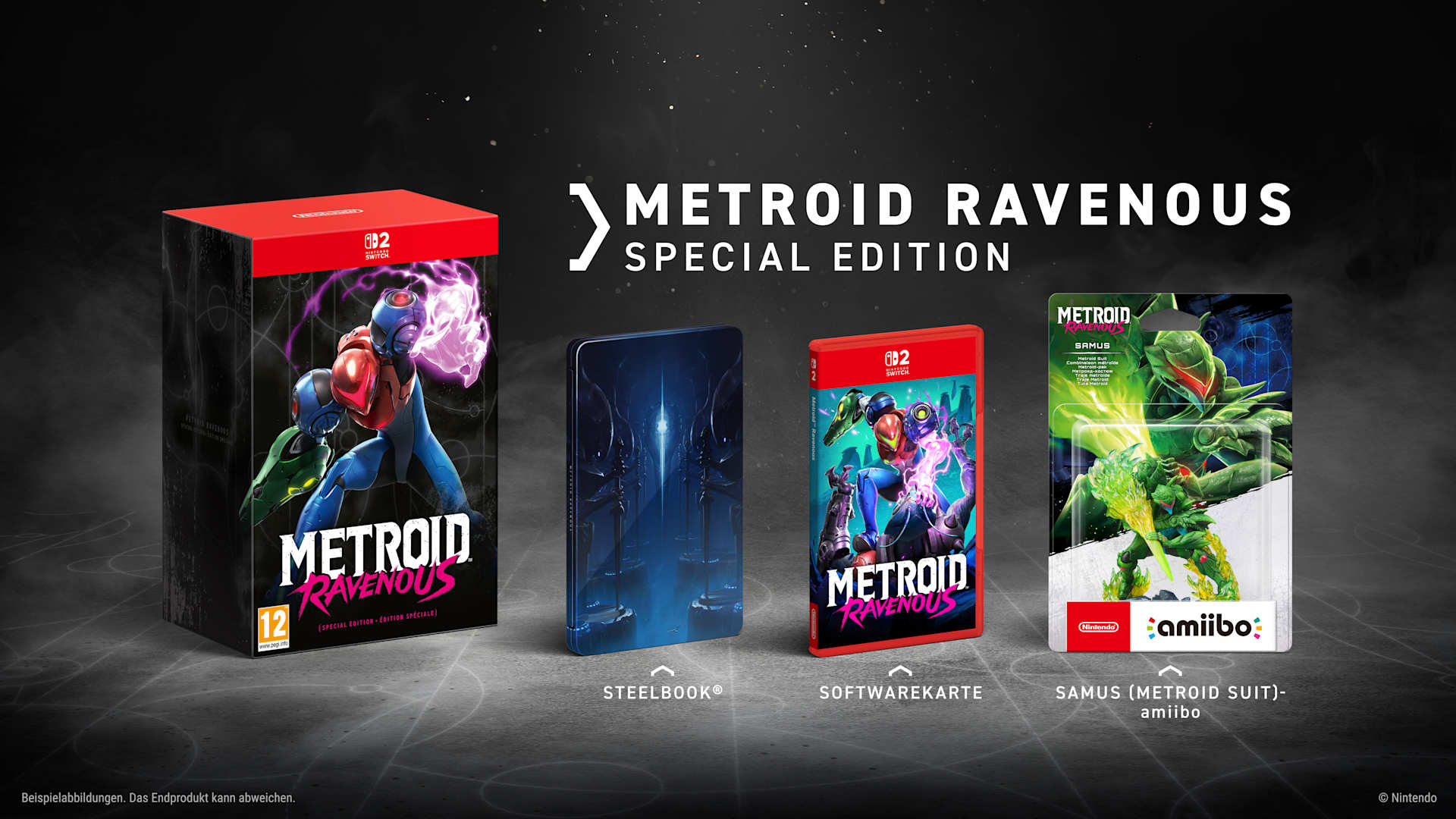 Metroid Ravenous Special Edition mit Box, Steelbook, Softwarekarte und Samus amiibo auf dunklem Grund.