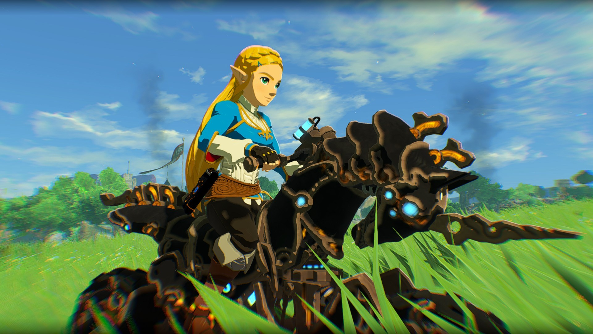 Prinzessin Zelda reitet auf einem dunklen, mechanischen Pferd durch ein grünes Grasfeld unter blauem Himmel.