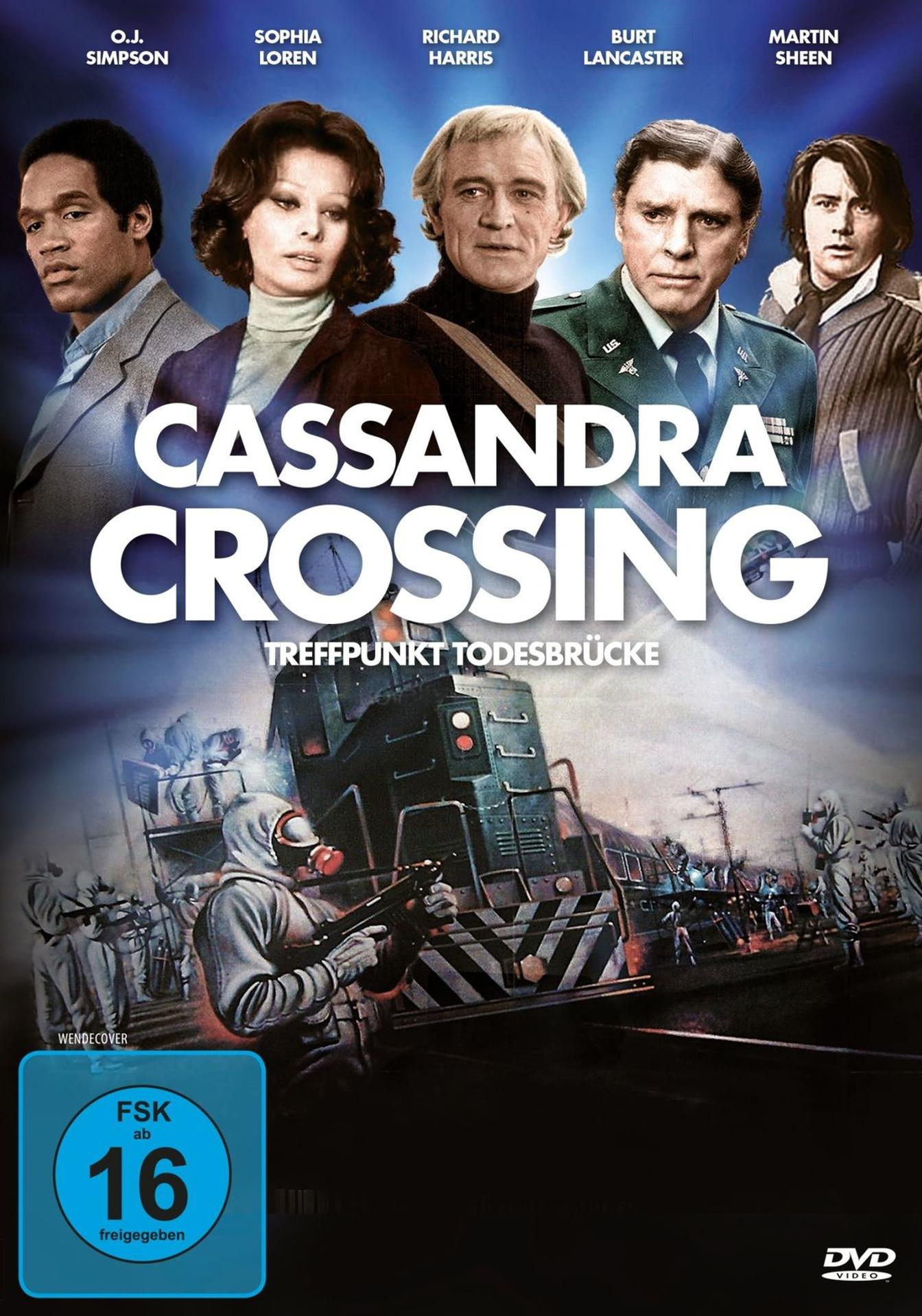 DVD-Cover von Cassandra Crossing mit fünf Hauptdarstellern und einem Zug im Hintergrund.