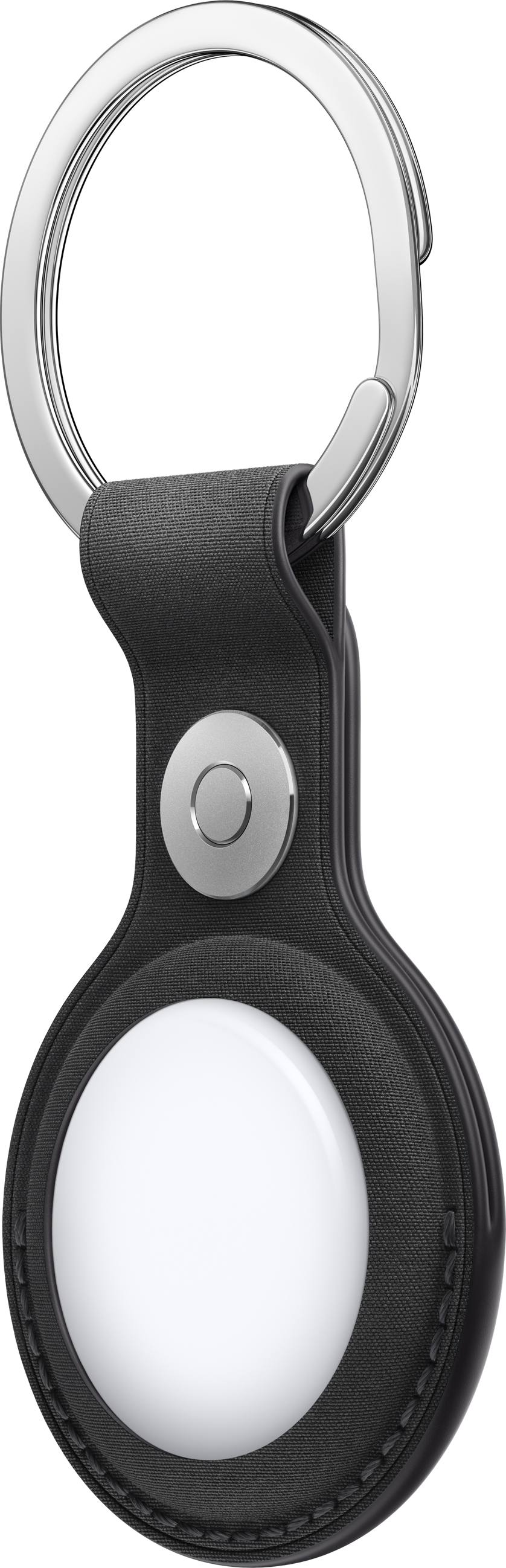 Portachiavi in pelle nera con anello argentato e tracker rotondo bianco su sfondo nero.