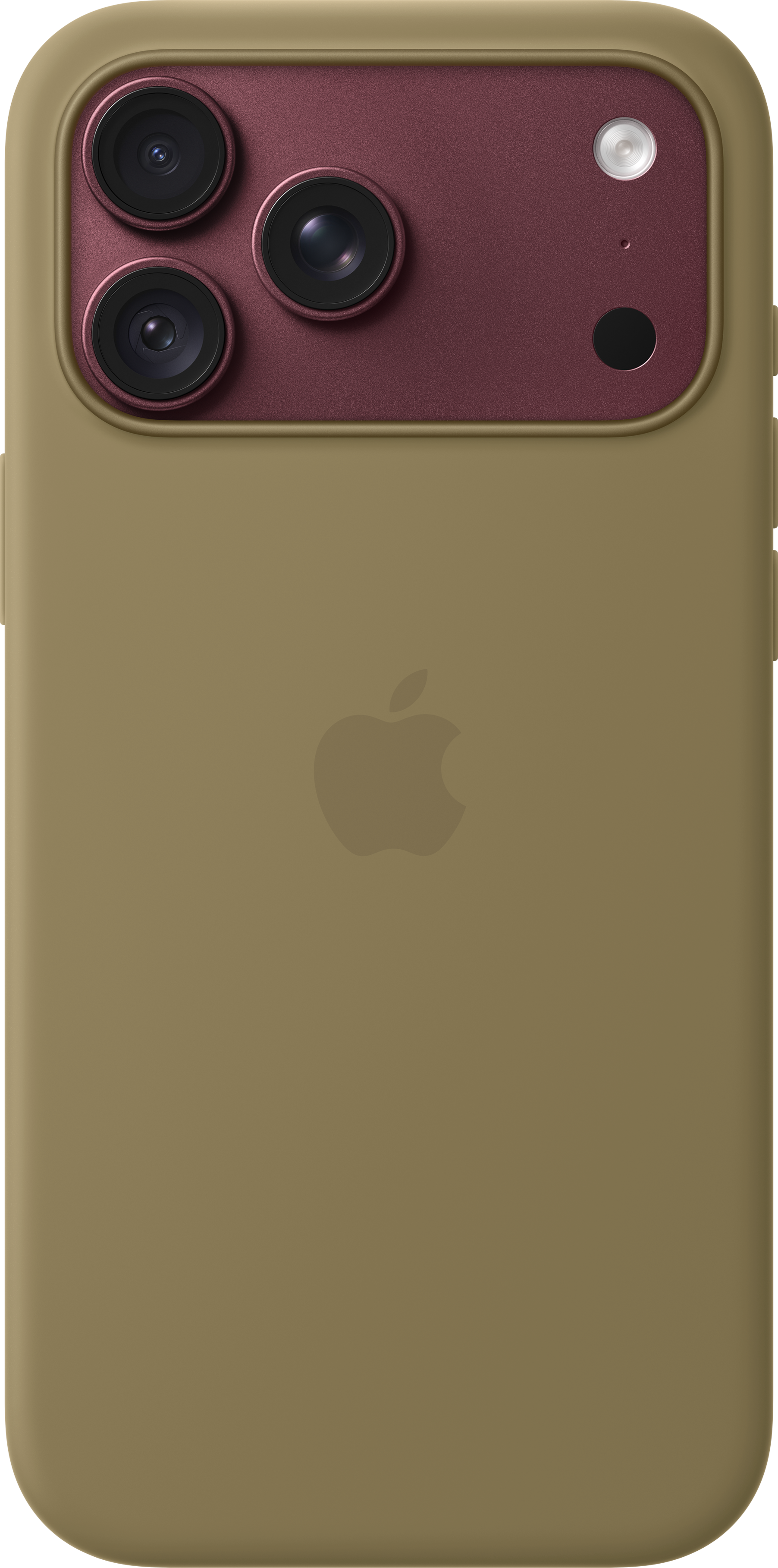 Dos d'un smartphone beige avec un module de caméra bordeaux, trois objectifs et le logo Apple.