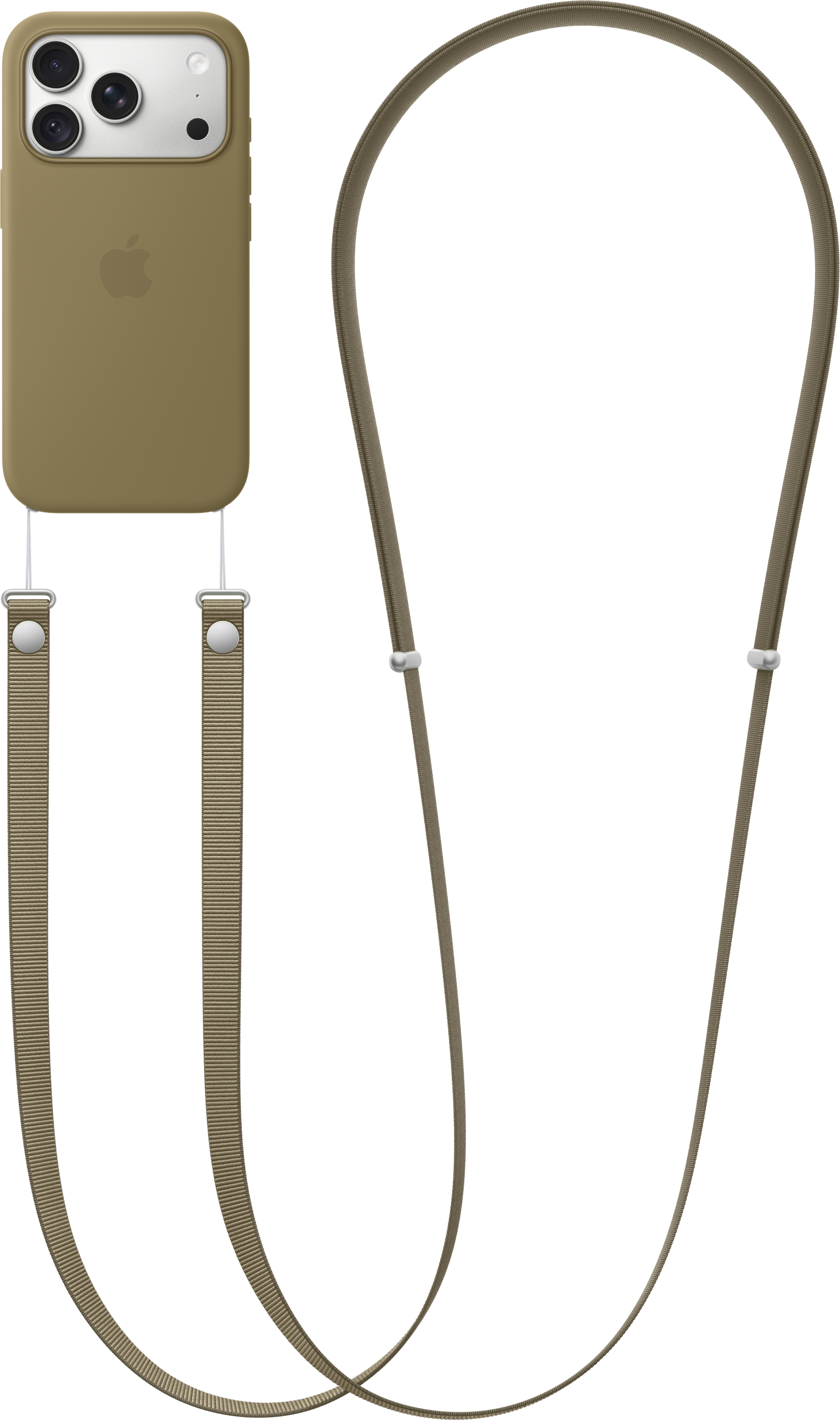 Una custodia per iPhone beige con laccetto e dettagli argento su sfondo nero.