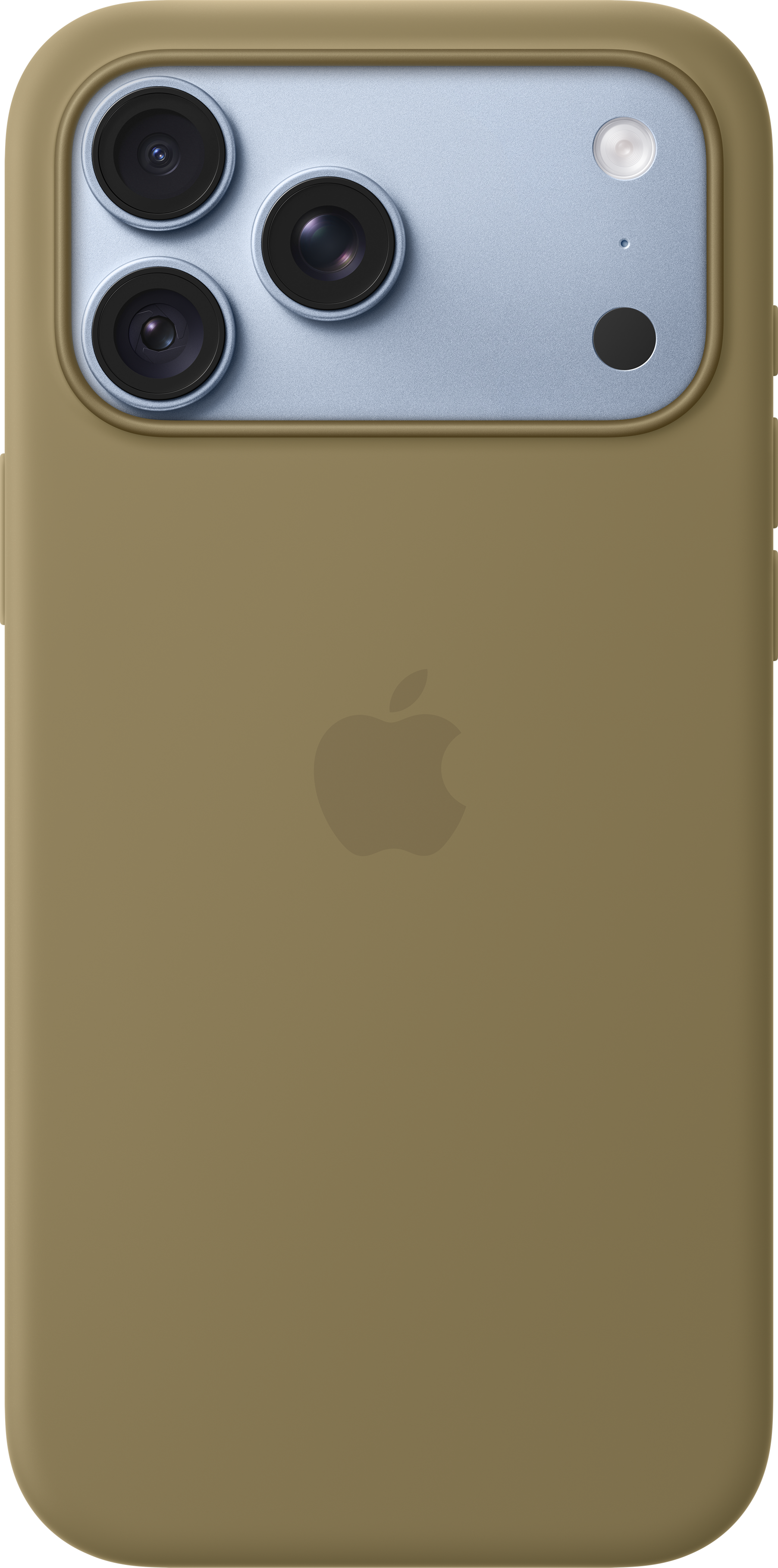 Dos d'un iPhone marron clair dans une coque de protection avec trois caméras et logo Apple.