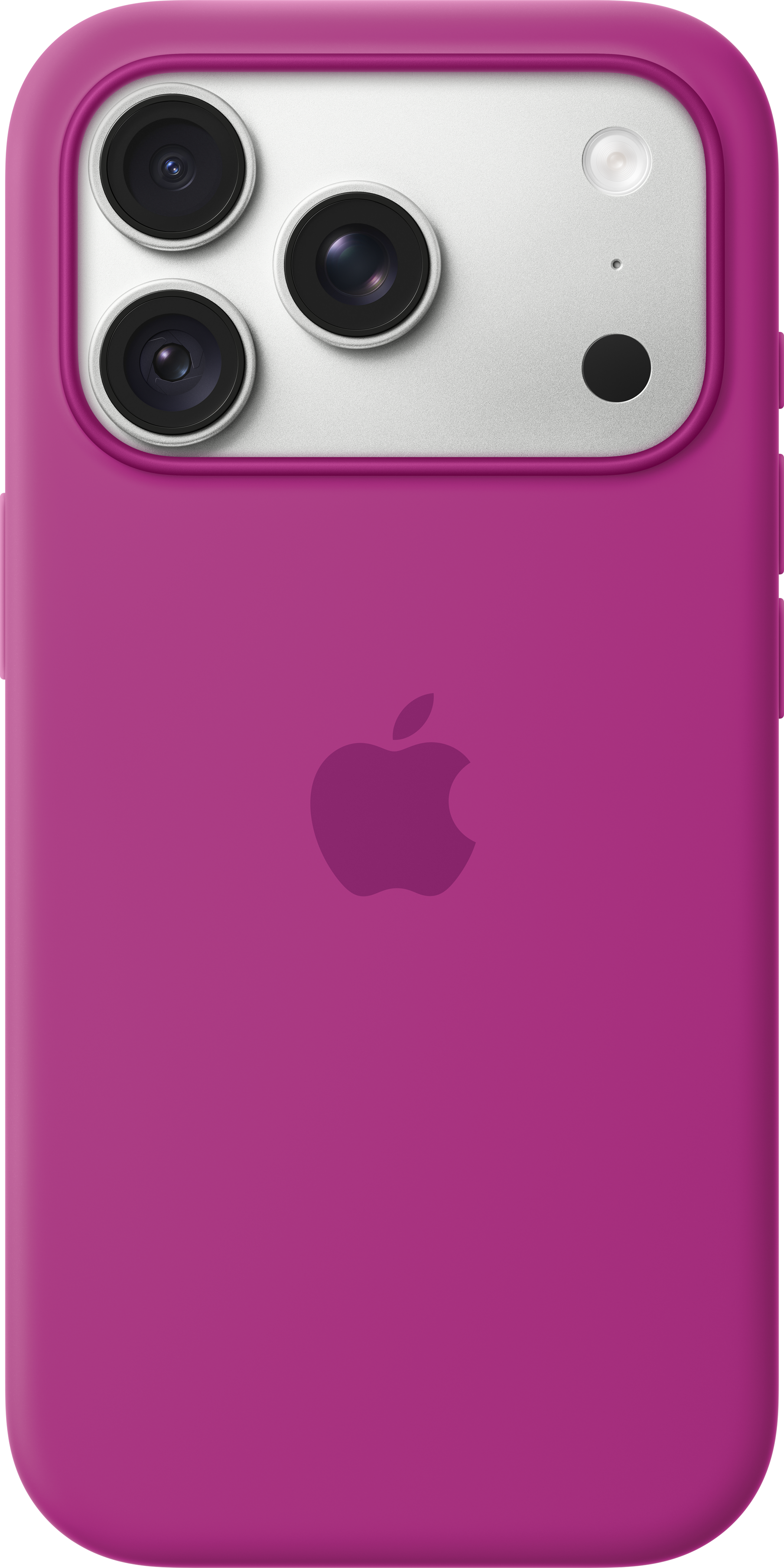 Une coque rose pour iPhone avec un module photo argenté à trois objectifs et un logo Apple discret.