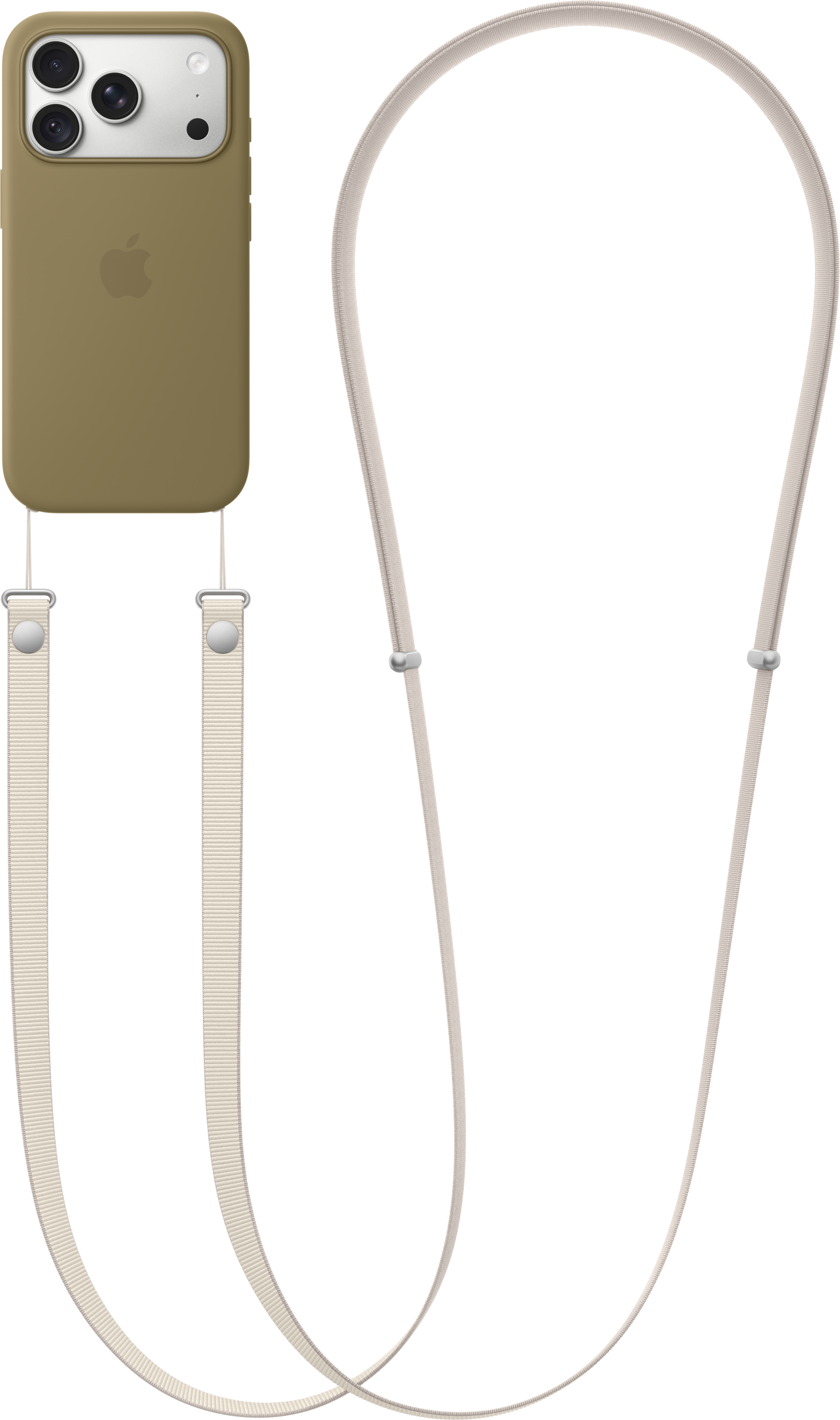 Custodia per iPhone cachi con una lunga tracolla chiara su sfondo nero.