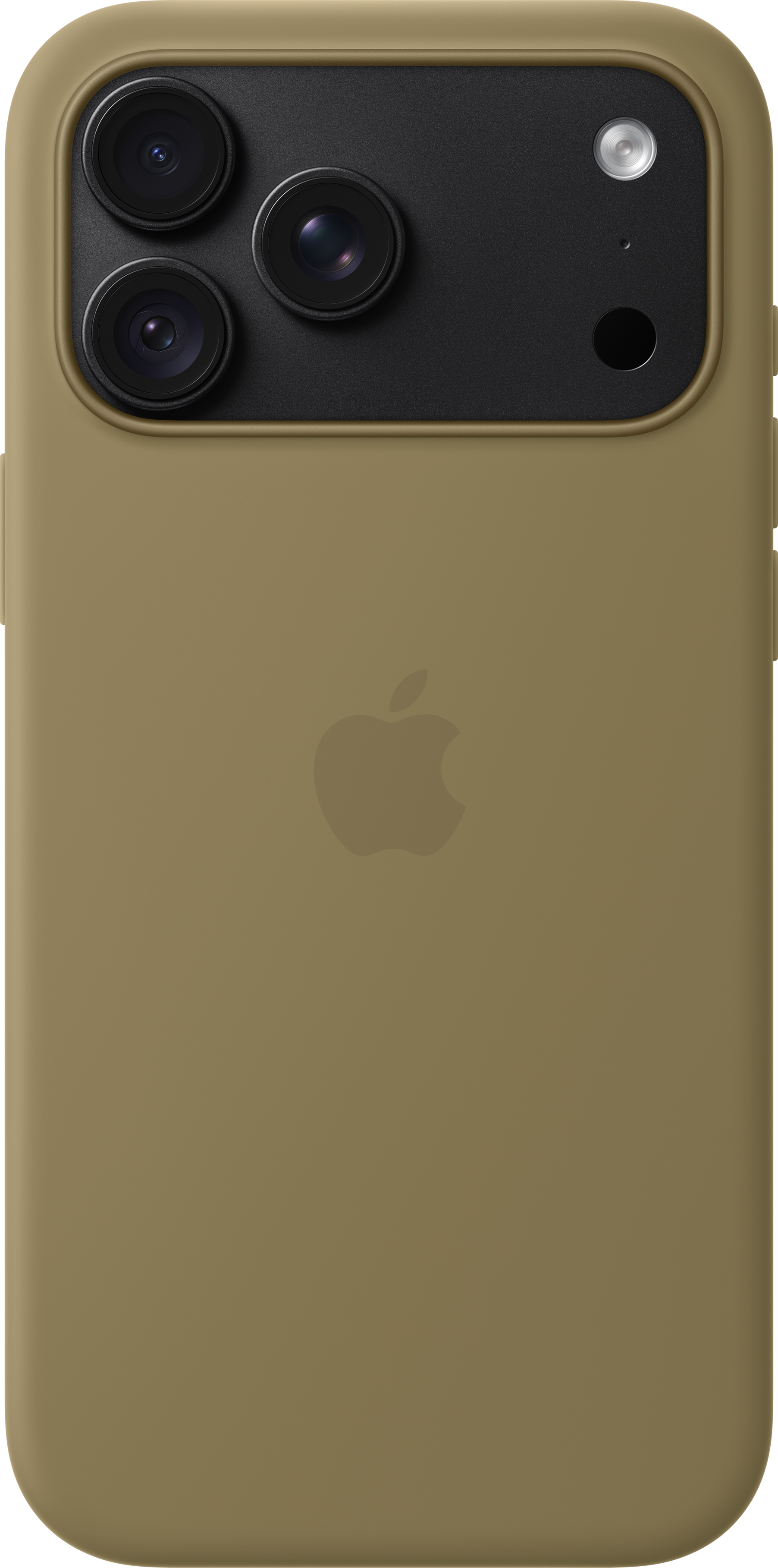 Dos d'un smartphone vert olive avec triple capteur photo et logo Apple.