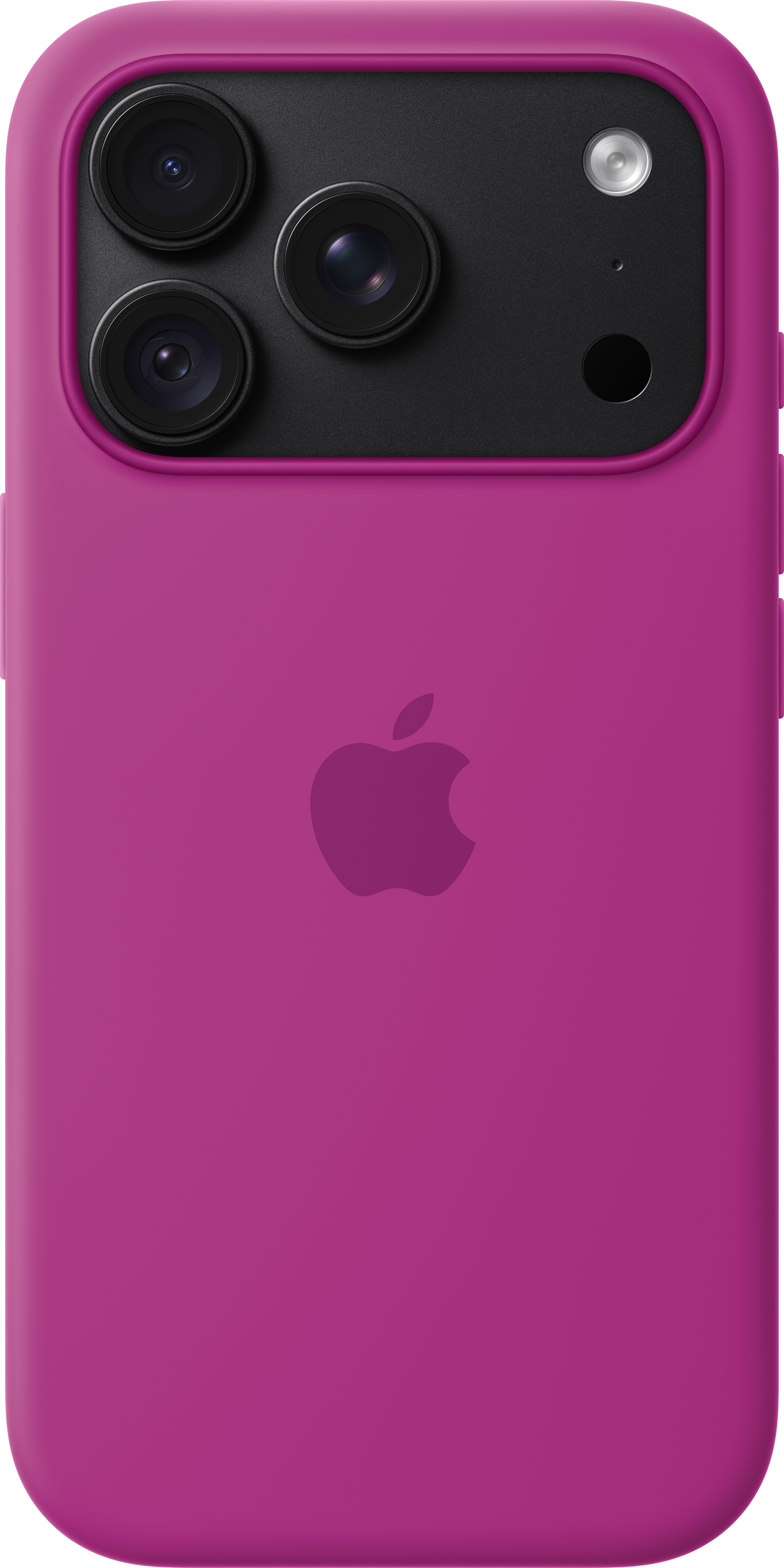 Dos d'un smartphone rose avec coque, module photo noir et logo Apple.