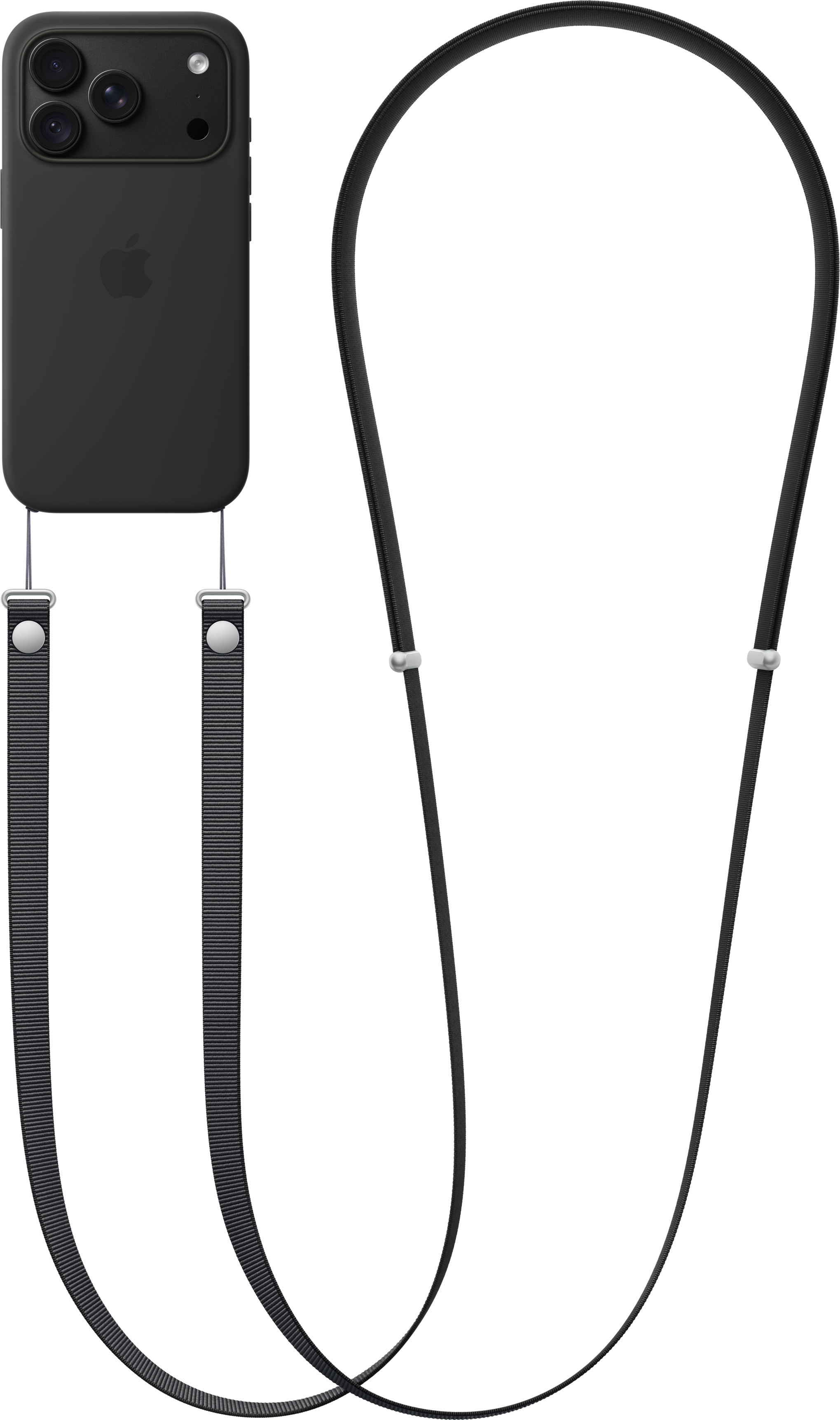 Custodia nera per iPhone con una lunga tracolla nera e dettagli argentati su sfondo nero.