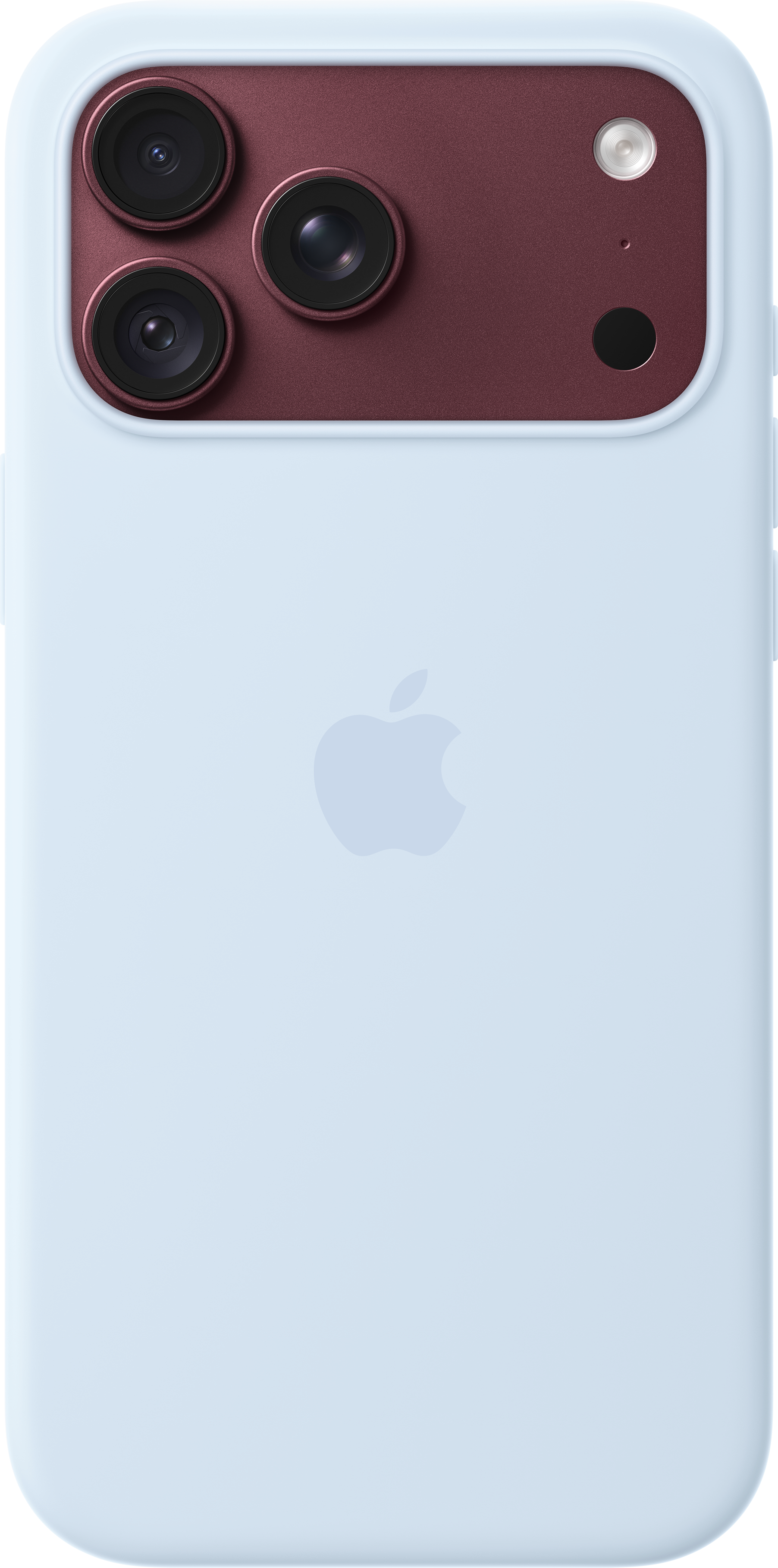 Dos d'un smartphone bleu clair avec un module triple caméra rouge foncé et le logo Apple centré.