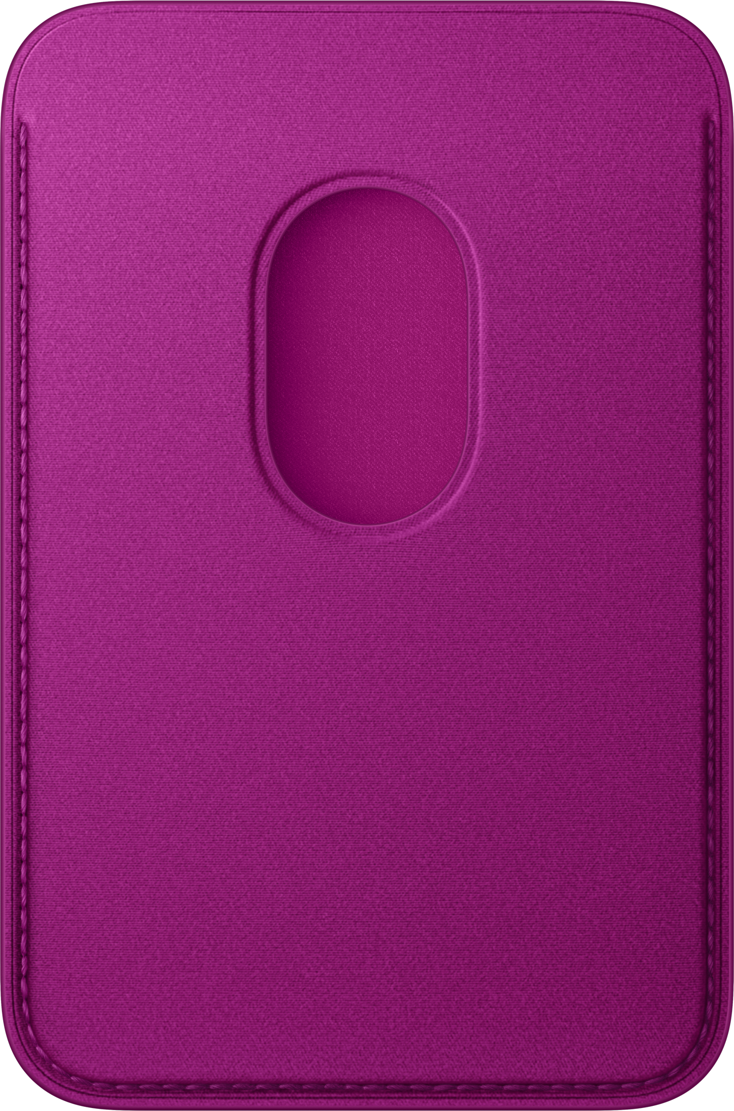 Portefeuille MagSafe en tissu magenta avec bords cousus et ouverture ovale.