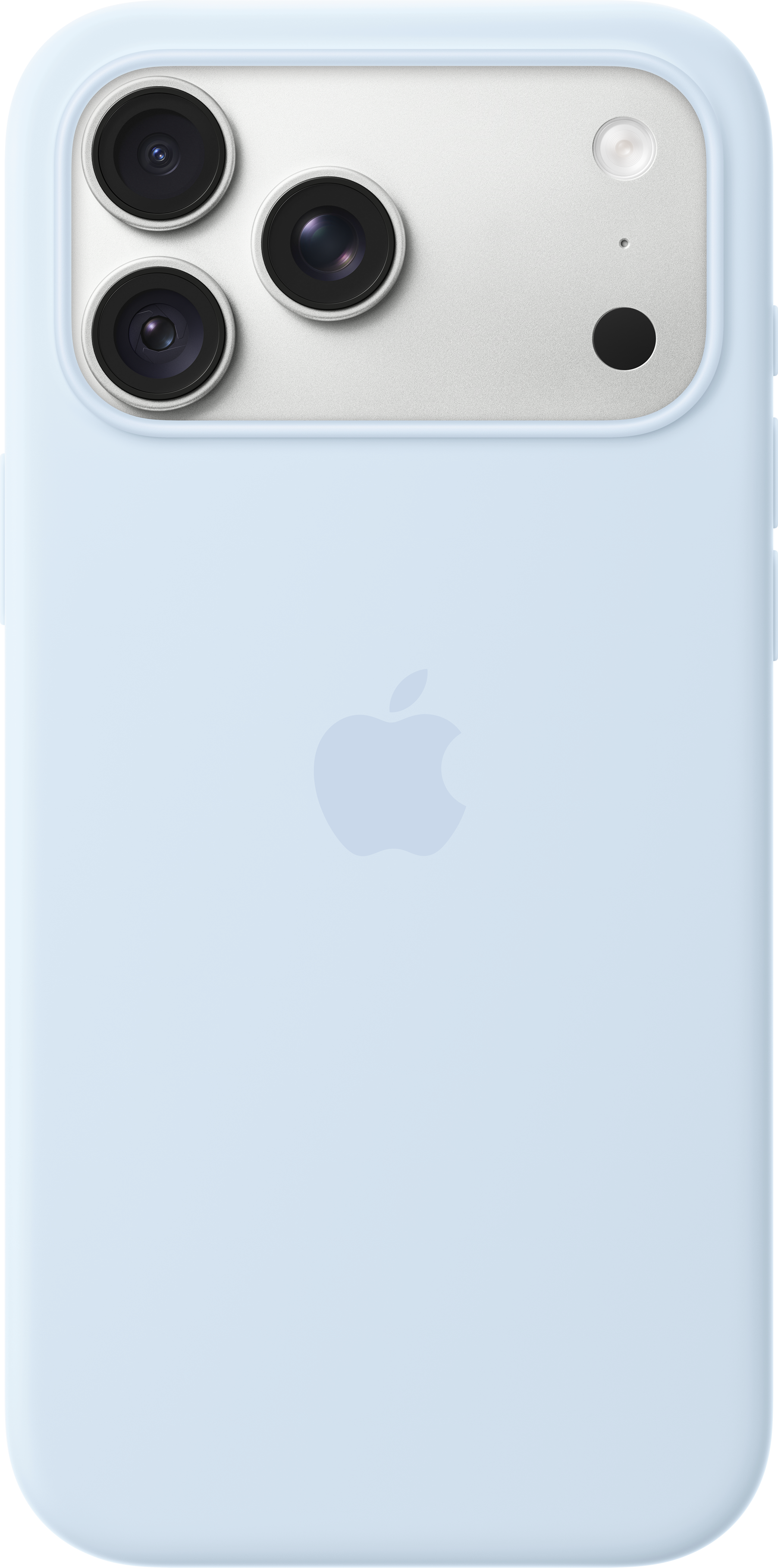 Coque d'iPhone bleu clair avec un système à triple caméra à l'arrière et logo Apple.