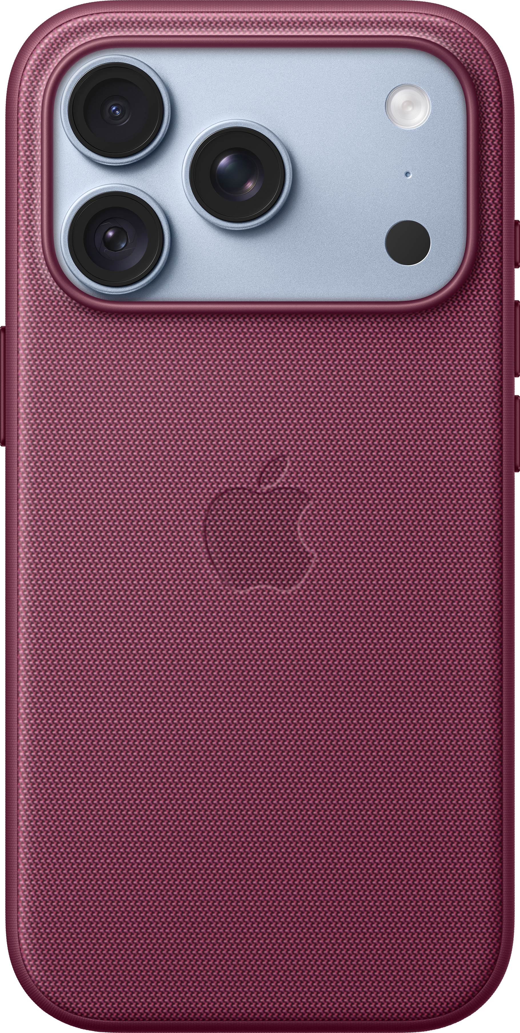 Dos d'une coque d'iPhone bordeaux avec le logo Apple et un triple appareil photo.
