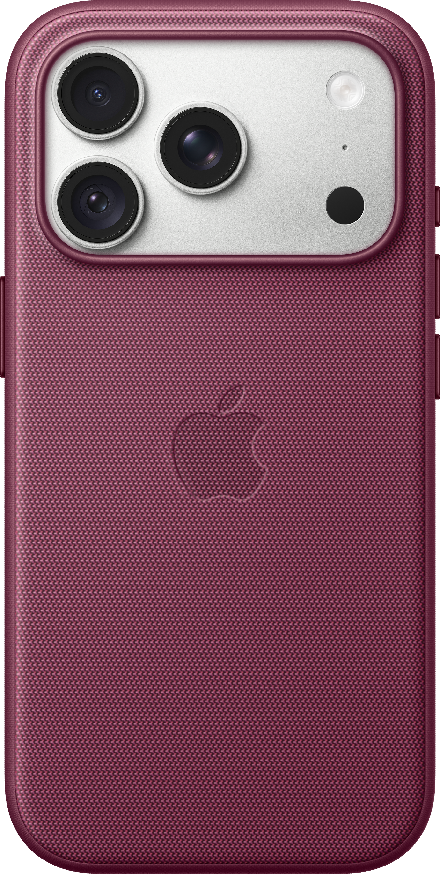Dos d'une coque d'iPhone rose avec texture tissée, logo Apple et triple caméra.