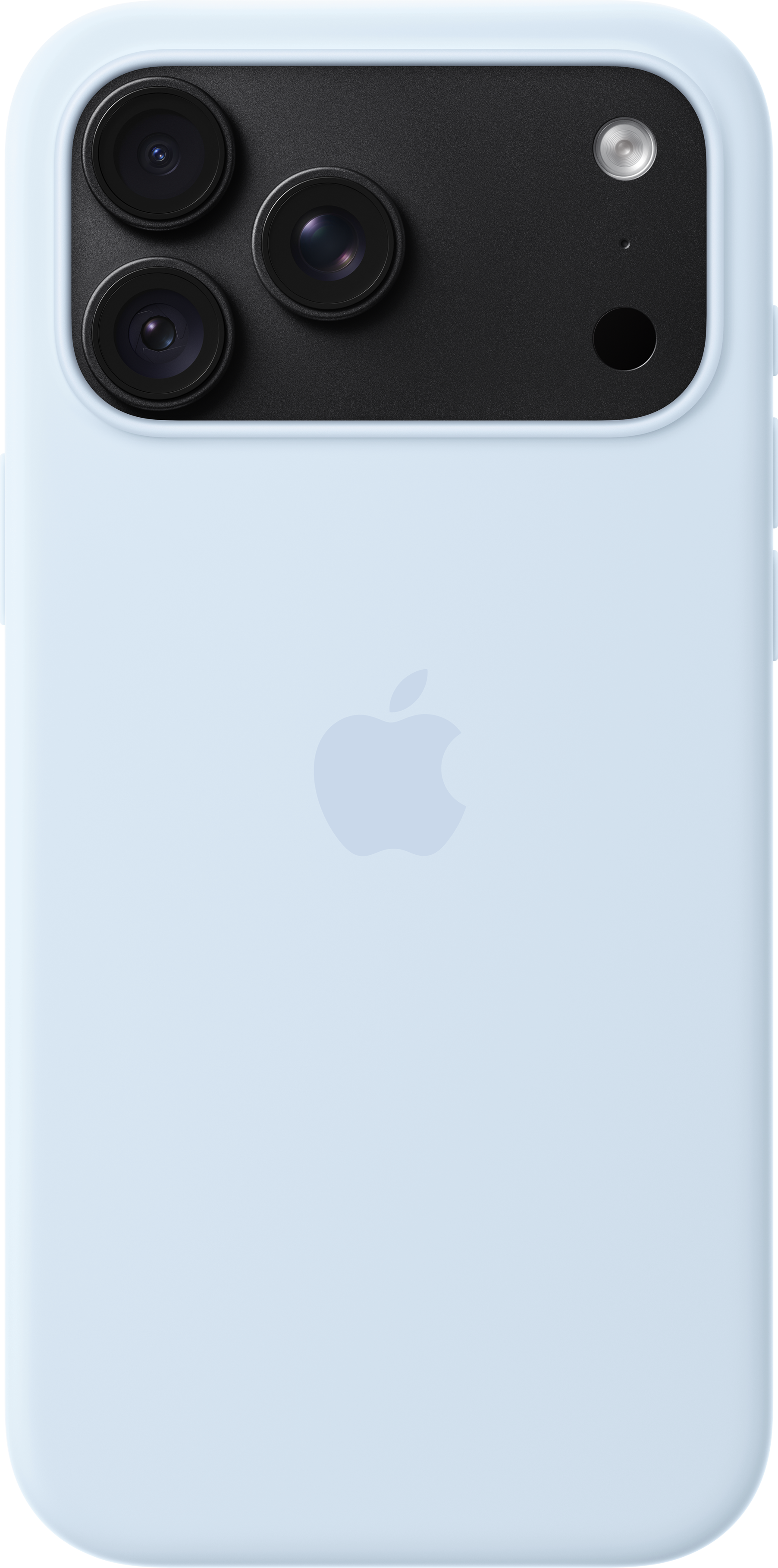 Dos d'un smartphone bleu clair dans une coque, avec un module photo rectangulaire et le logo Apple.