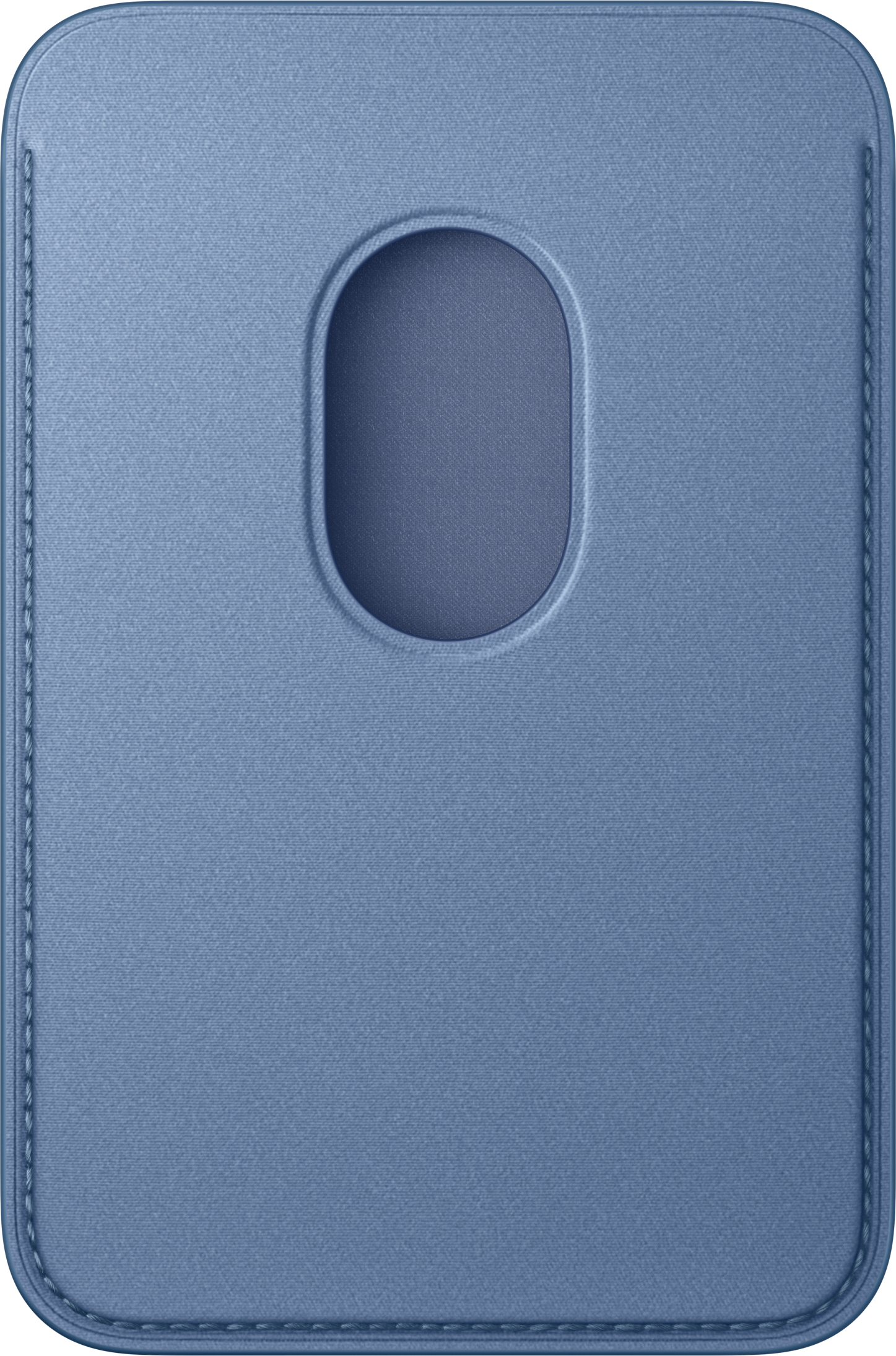 Un porte-cartes bleu avec des coins arrondis et une découpe ovale au centre.