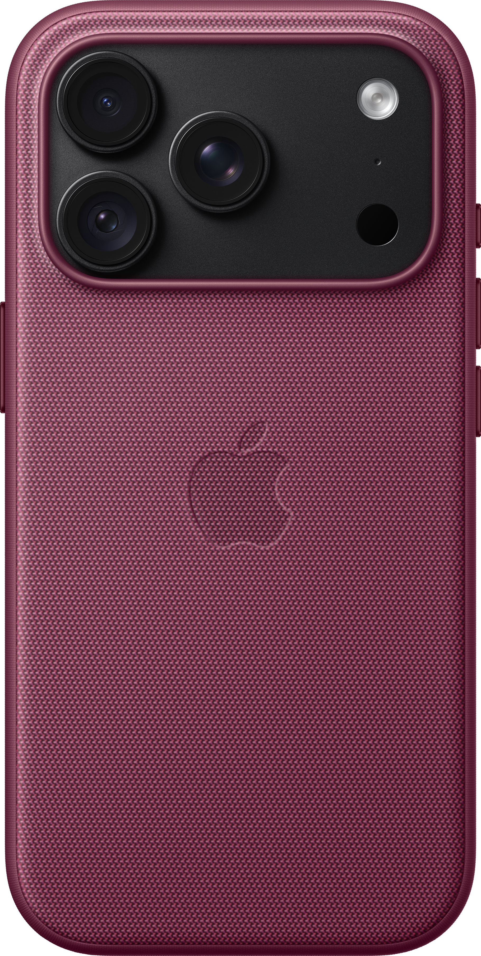 Dos d'une coque d'iPhone en tissu rouge foncé avec logo Apple et trois caméras.