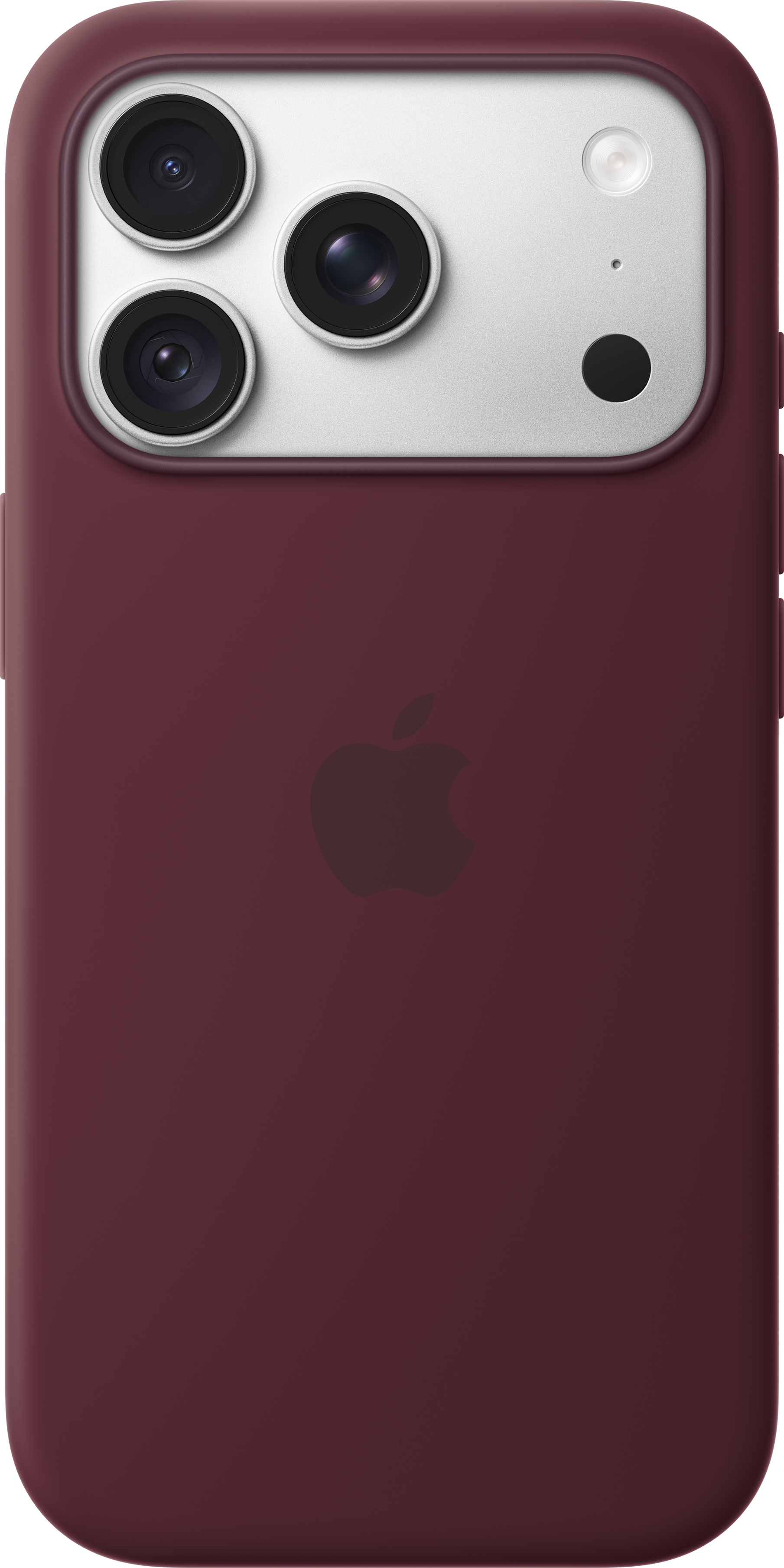 Dos d'un smartphone bordeaux dans une coque avec triple appareil photo et logo Apple.