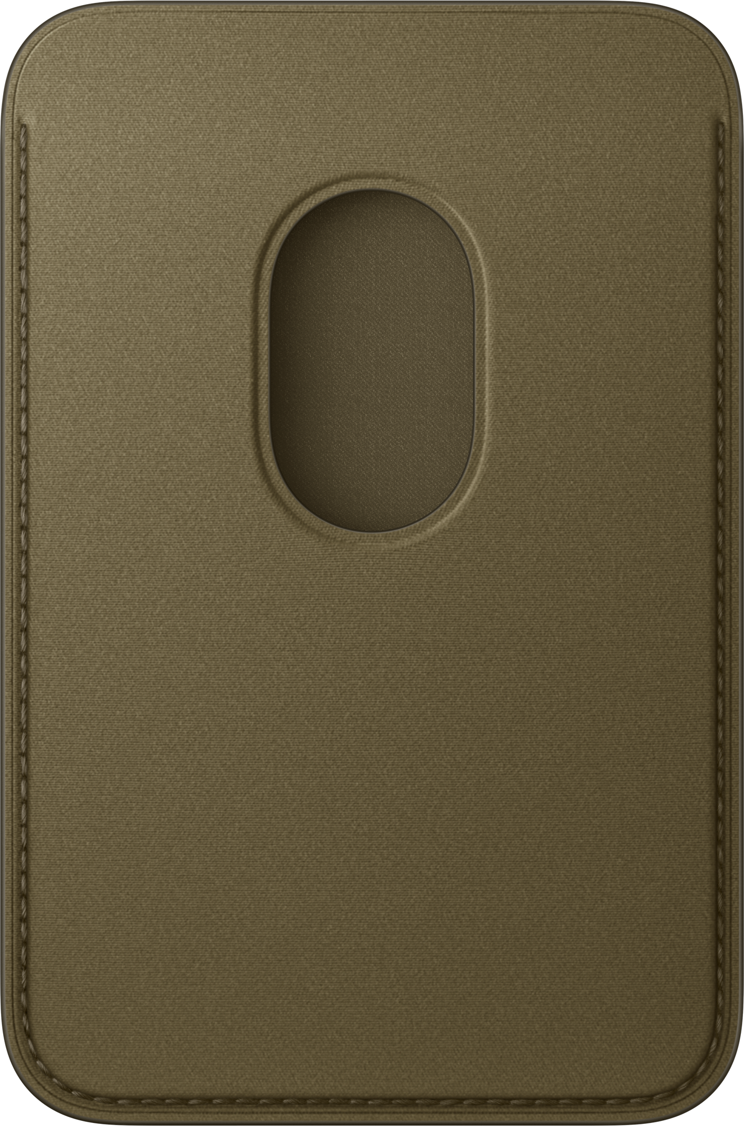 Olivgrünes Leder-Wallet für iPhones mit einer ovalen Aussparung und Ziernähten an den Rändern.