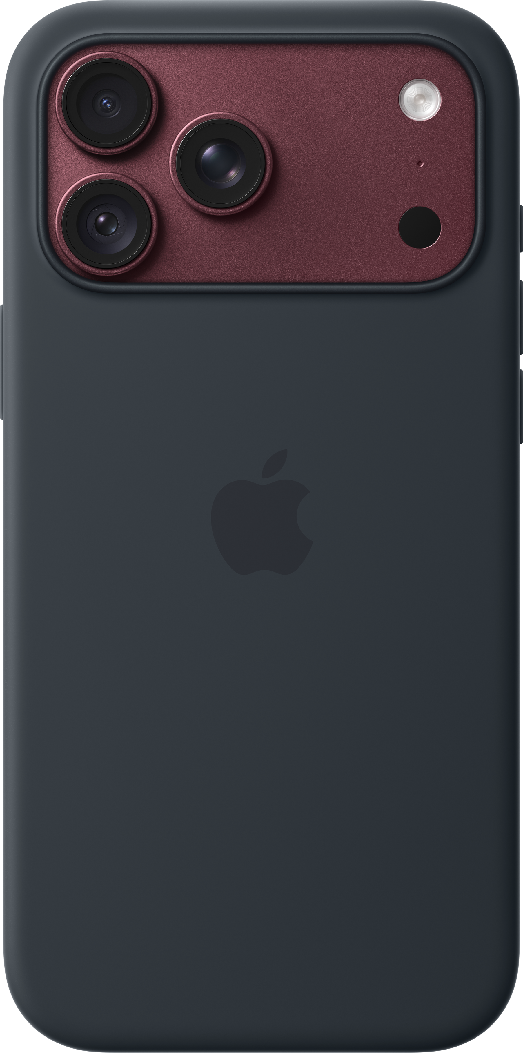 Dos d'un smartphone sombre avec un module photo rouge, trois objectifs et le logo Apple.