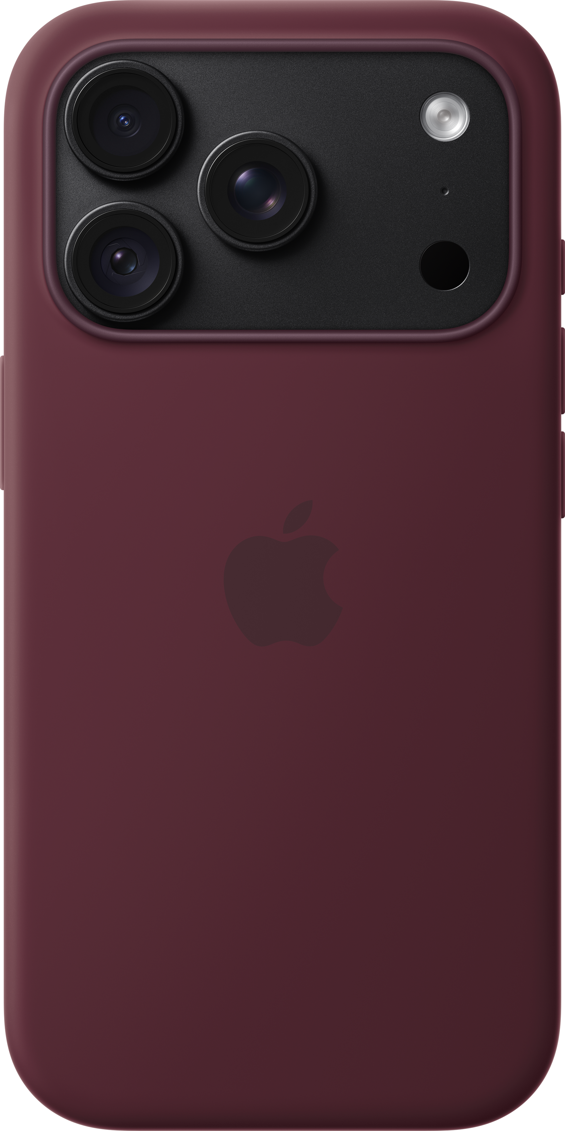 Dos d'un iPhone bordeaux avec triple appareil photo et logo Apple.