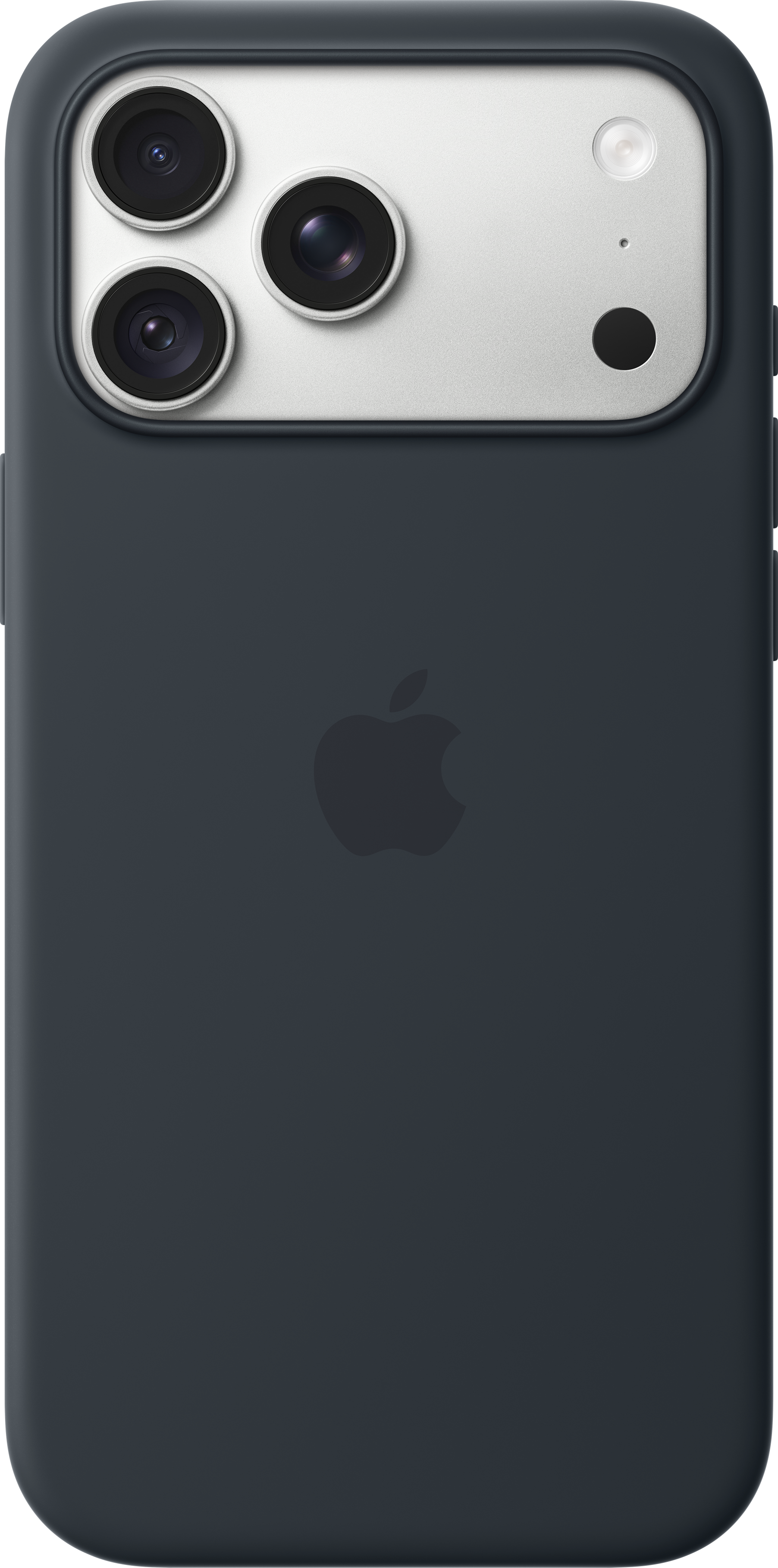 Coque d'iPhone gris foncé avec logo Apple et triple capteur photo sur fond argenté.