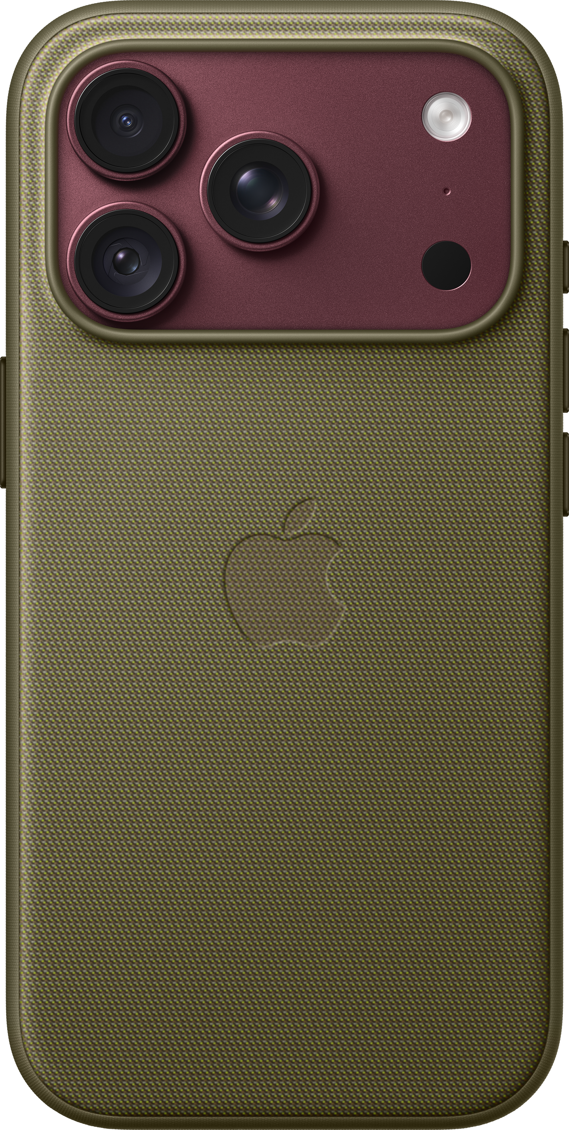 Rückseite eines grünen iPhones in einer Stoffhülle mit dreifacher Kamera und Apple-Logo.